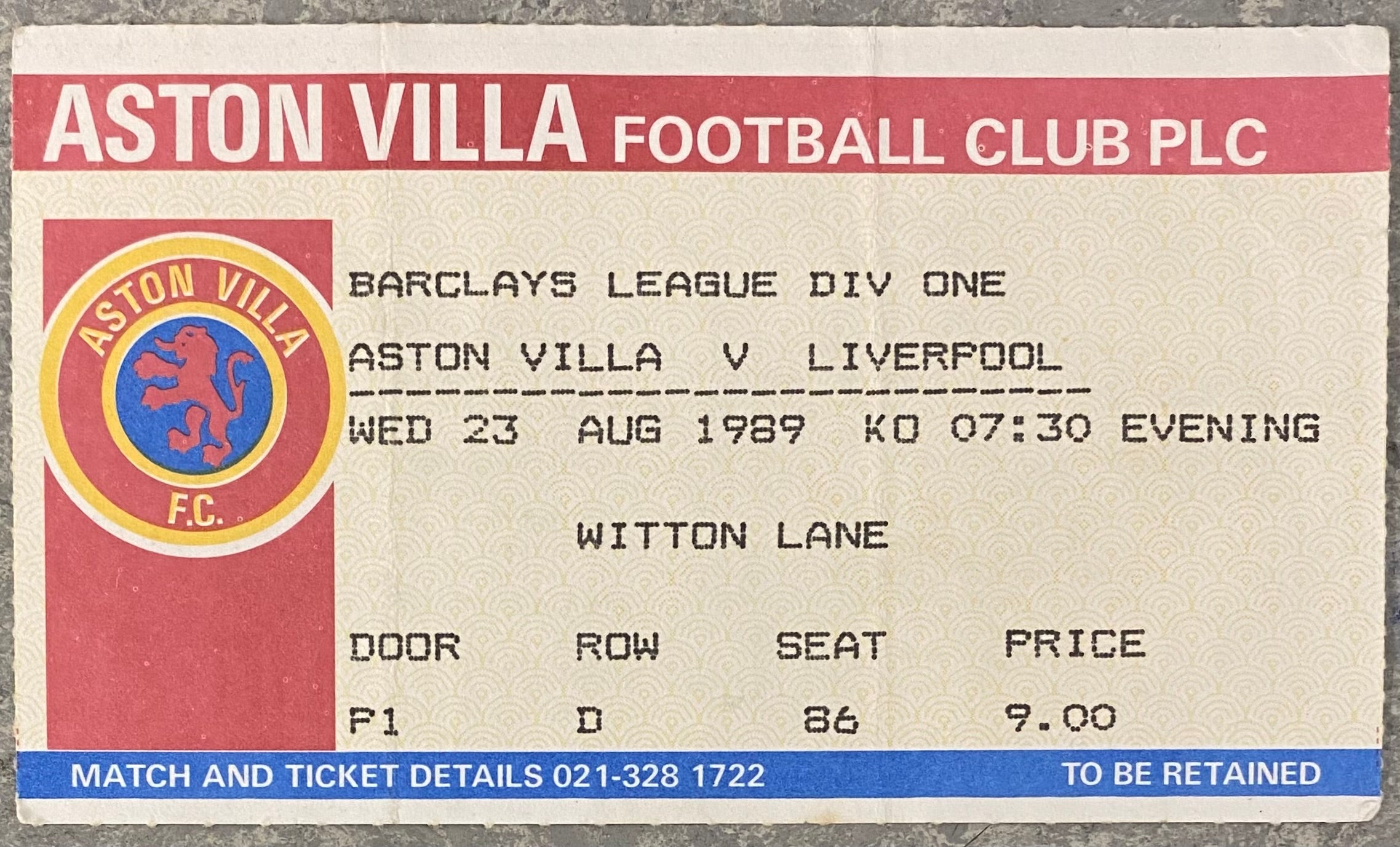 1989/90 ORIGINAL DIVISION ONE TICKET ASTON VILLA V LIVERPOOL
