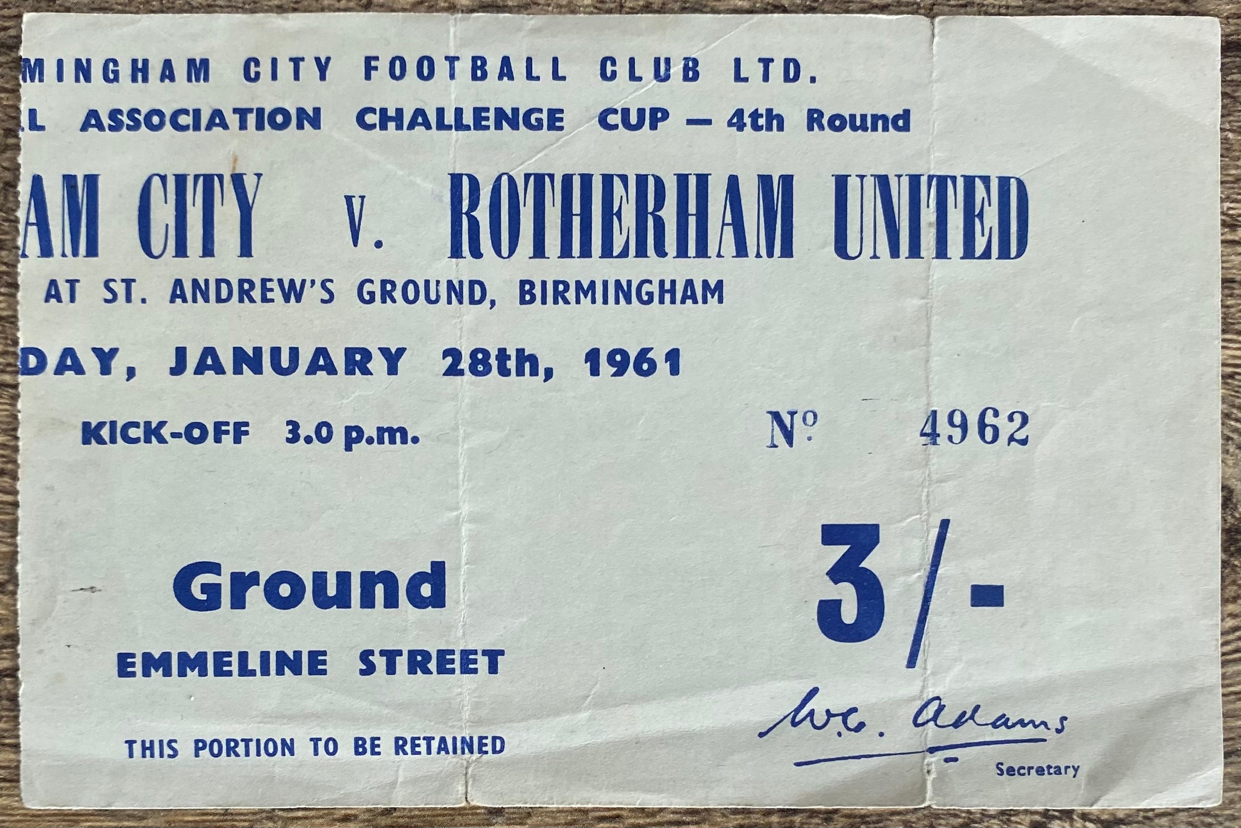 1960/61 ORIGINAL FA CUP 4TH ROUND TICKET BIRMINGHAM CITY V ROTHERHAM UNITED