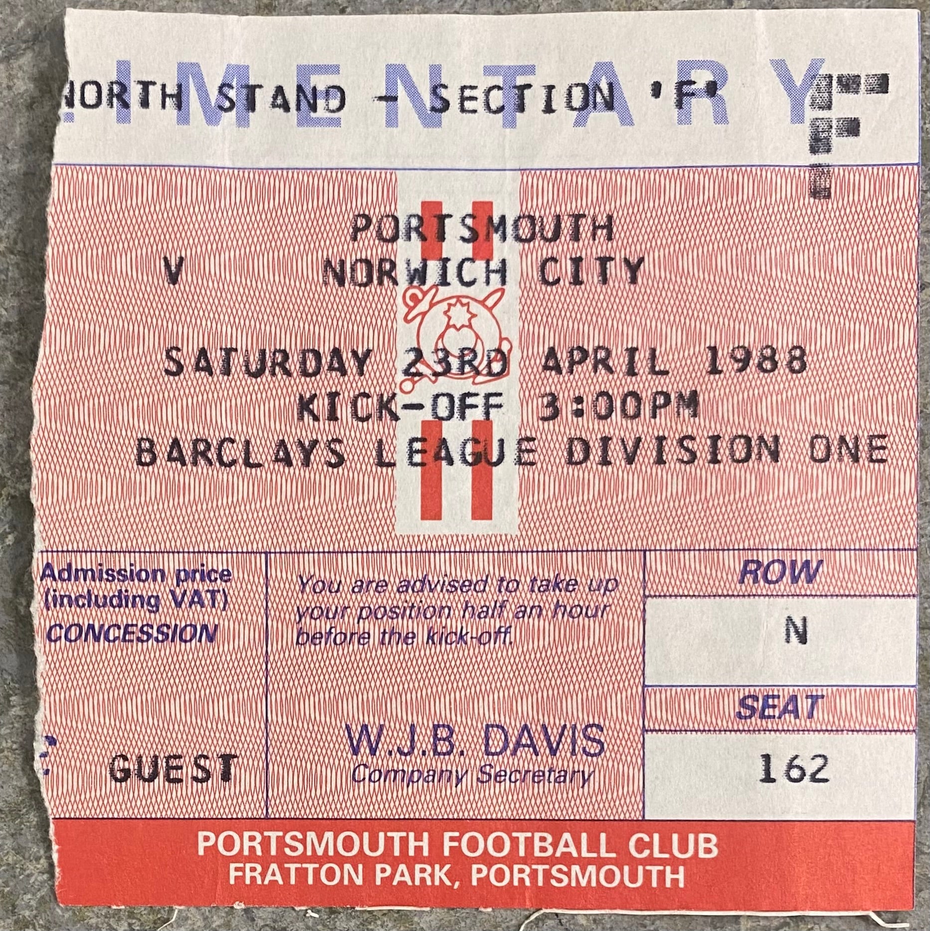 1987/88 ORIGINAL DIVISION 1 TICKET PORTSMOUTH V NORWICH CITY