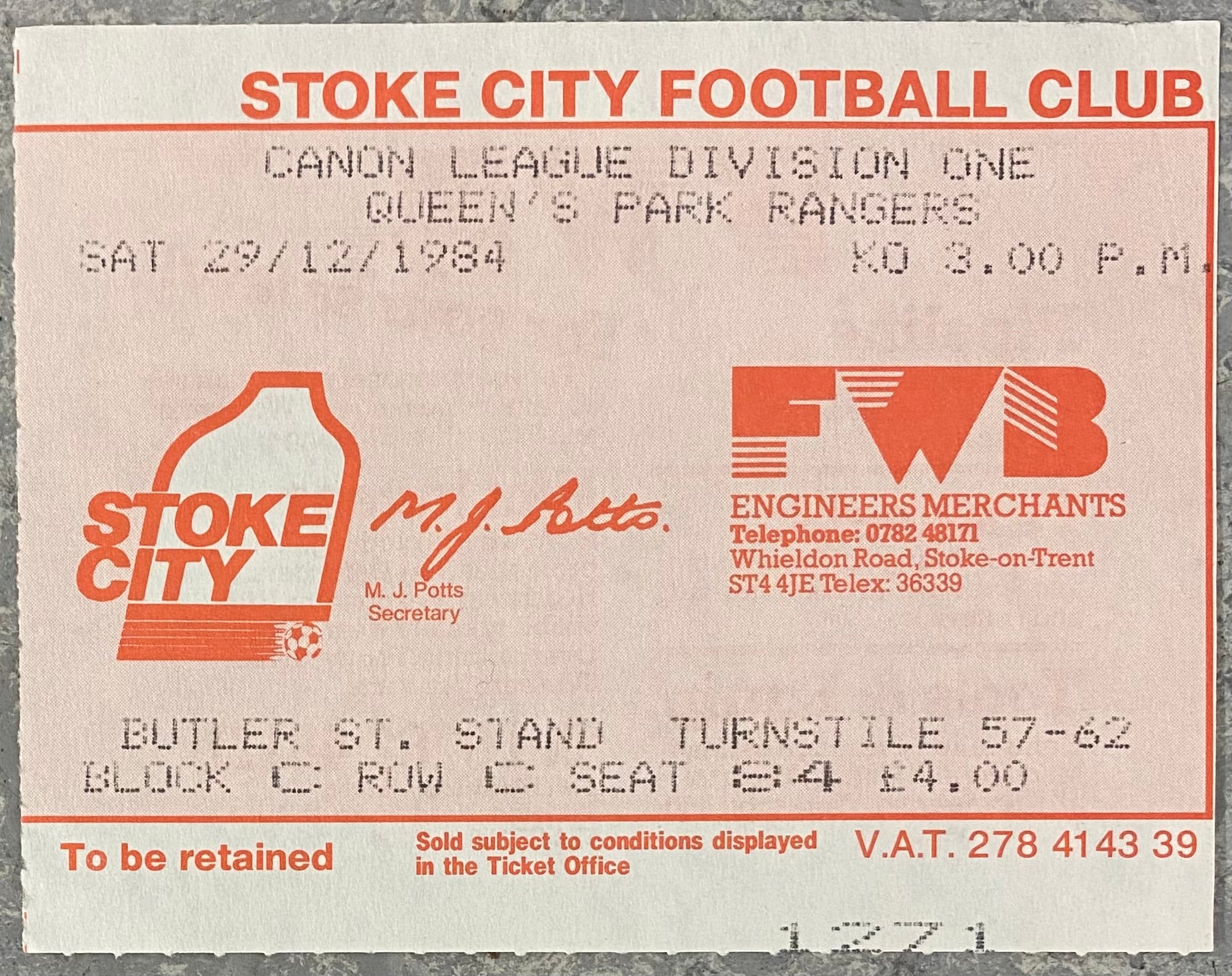 1984/85 ORIGINAL DIVISION ONE TICKET STOKE CITY V QUEENS PARK RANGERS