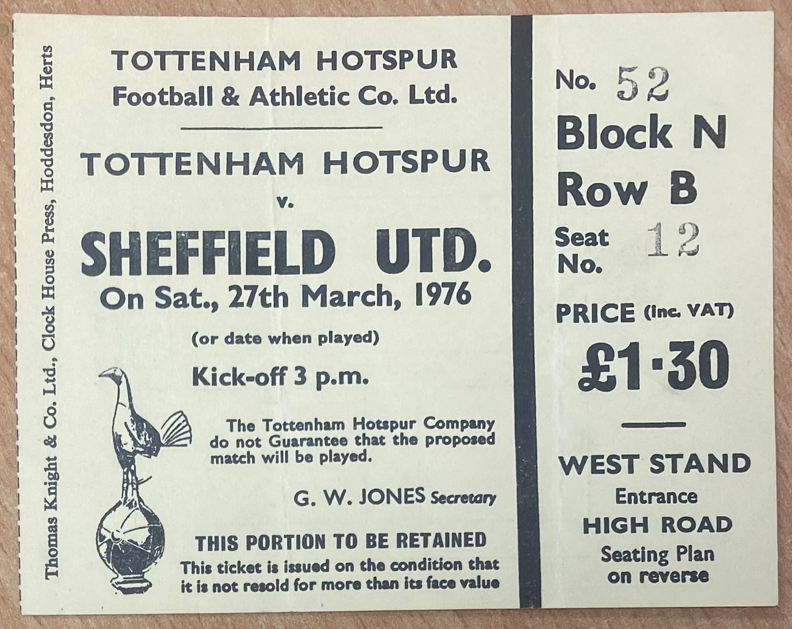 1975/76 ORIGINAL DIVISION ONE TICKET TOTTENHAM HOTSPUR V SHEFFIELD UNITED