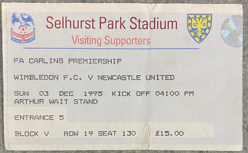 1995/96 ORIGINAL FA PREMIERSHIP TICKET WIMBLEDON V NEWCASTLE UNITED