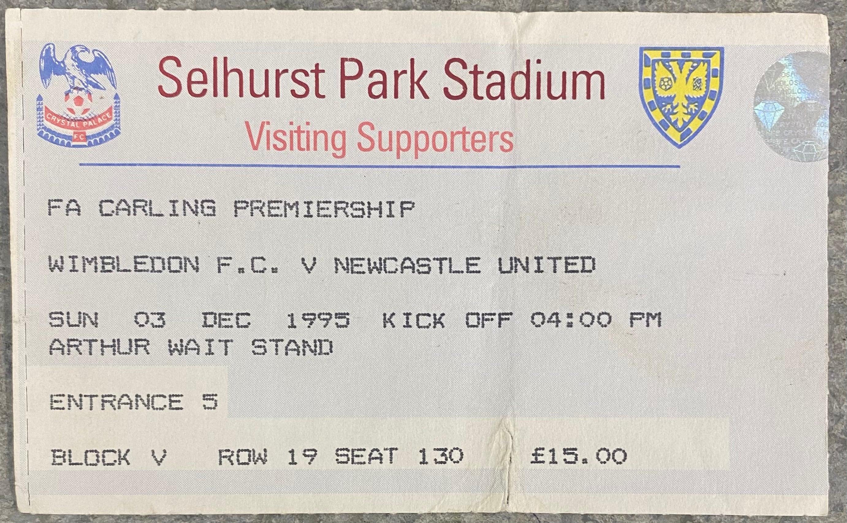 1995/96 ORIGINAL FA PREMIERSHIP TICKET WIMBLEDON V NEWCASTLE UNITED