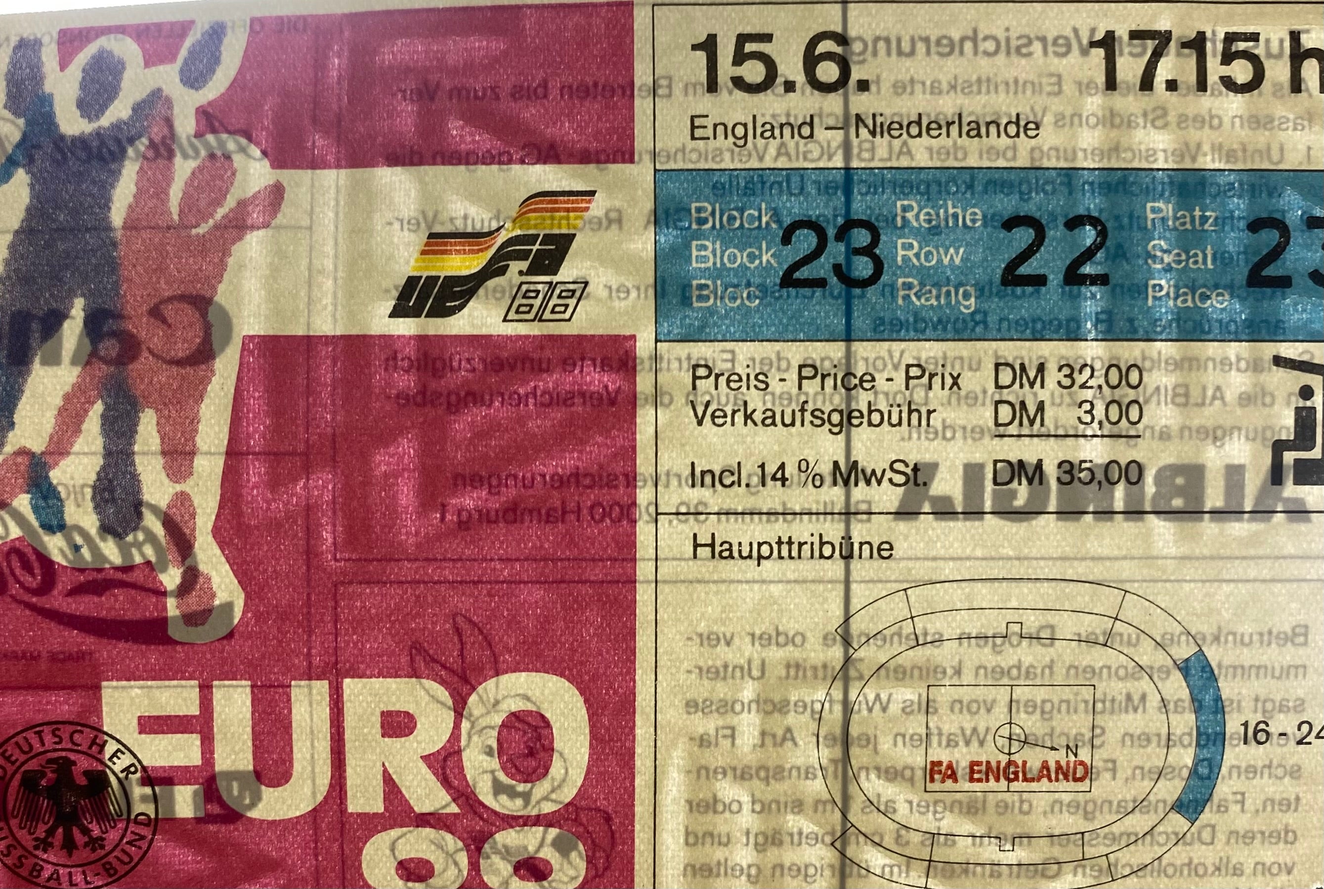 1988 ORIGINAL EURO 88 TICKET ENGLAND V NETHERLANDS @ DUSSELDORF