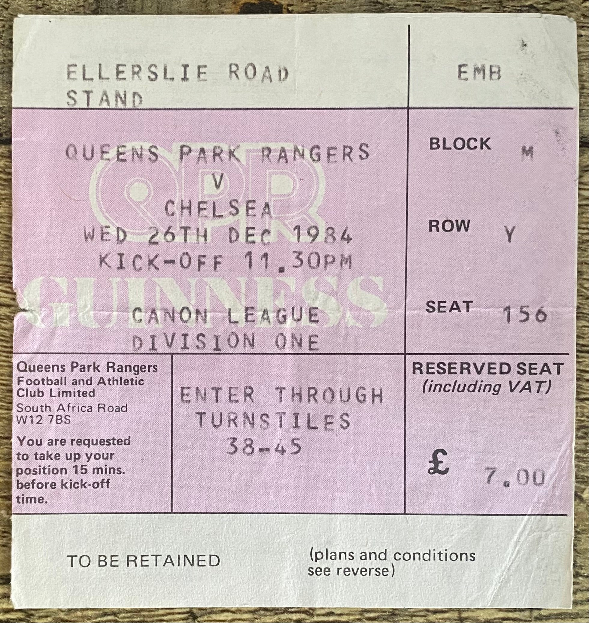 1984/85 ORIGINAL DIVISION ONE TICKET QUEENS PARK RANGERS V CHELSEA