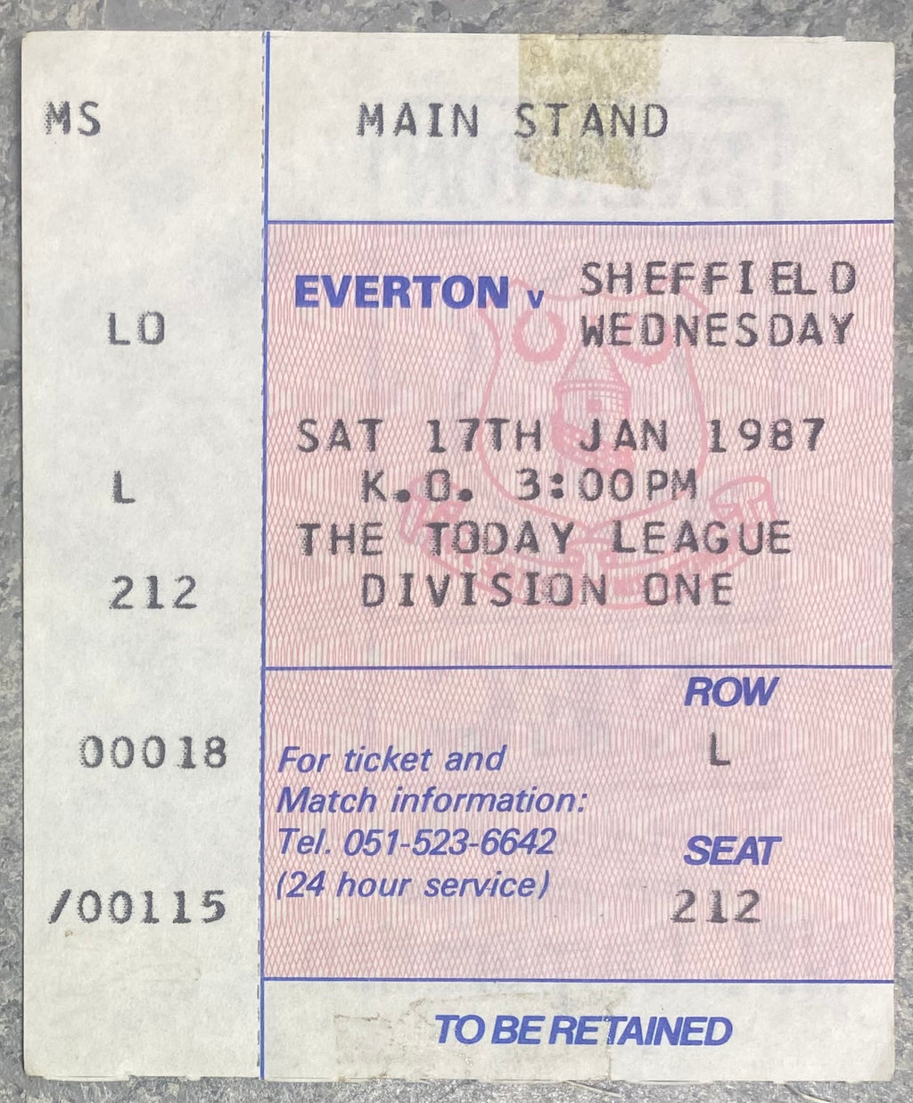 1986/87 ORIGINAL DIVISION ONE TICKET EVERTON V SHEFFIELD WEDNESDAY