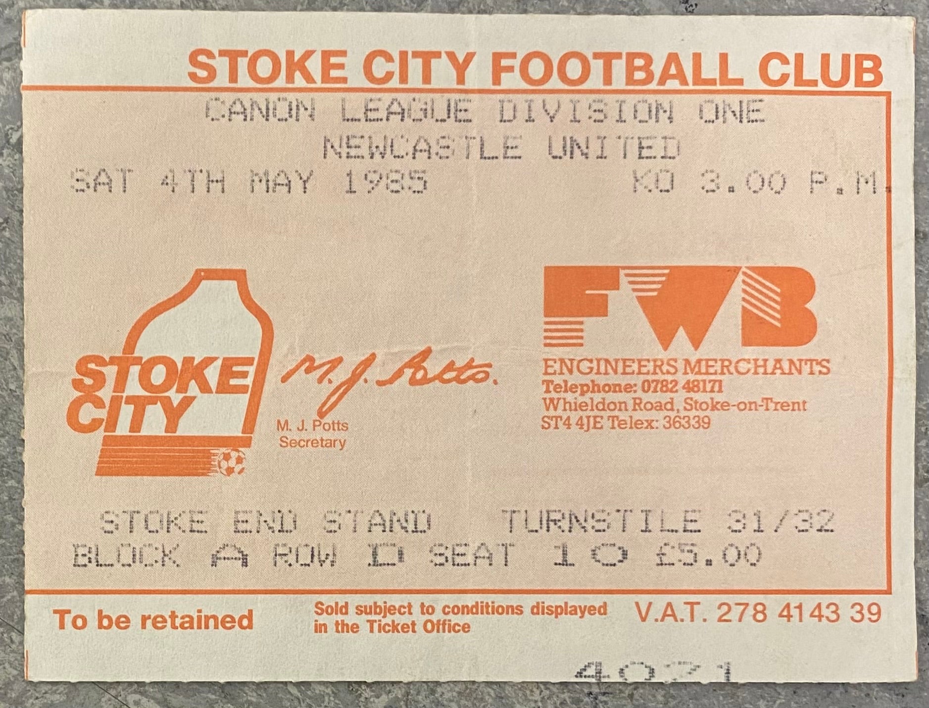 1984/85 ORIGINAL DIVISION 1 TICKET STOKE CITY V NEWCASTLE UNITED