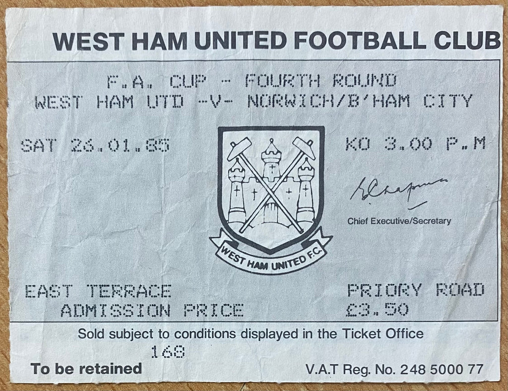 1984/85 ORIGINAL FA CUP 4TH ROUND TICKET WEST HAM UNITED V NORWICH CITY