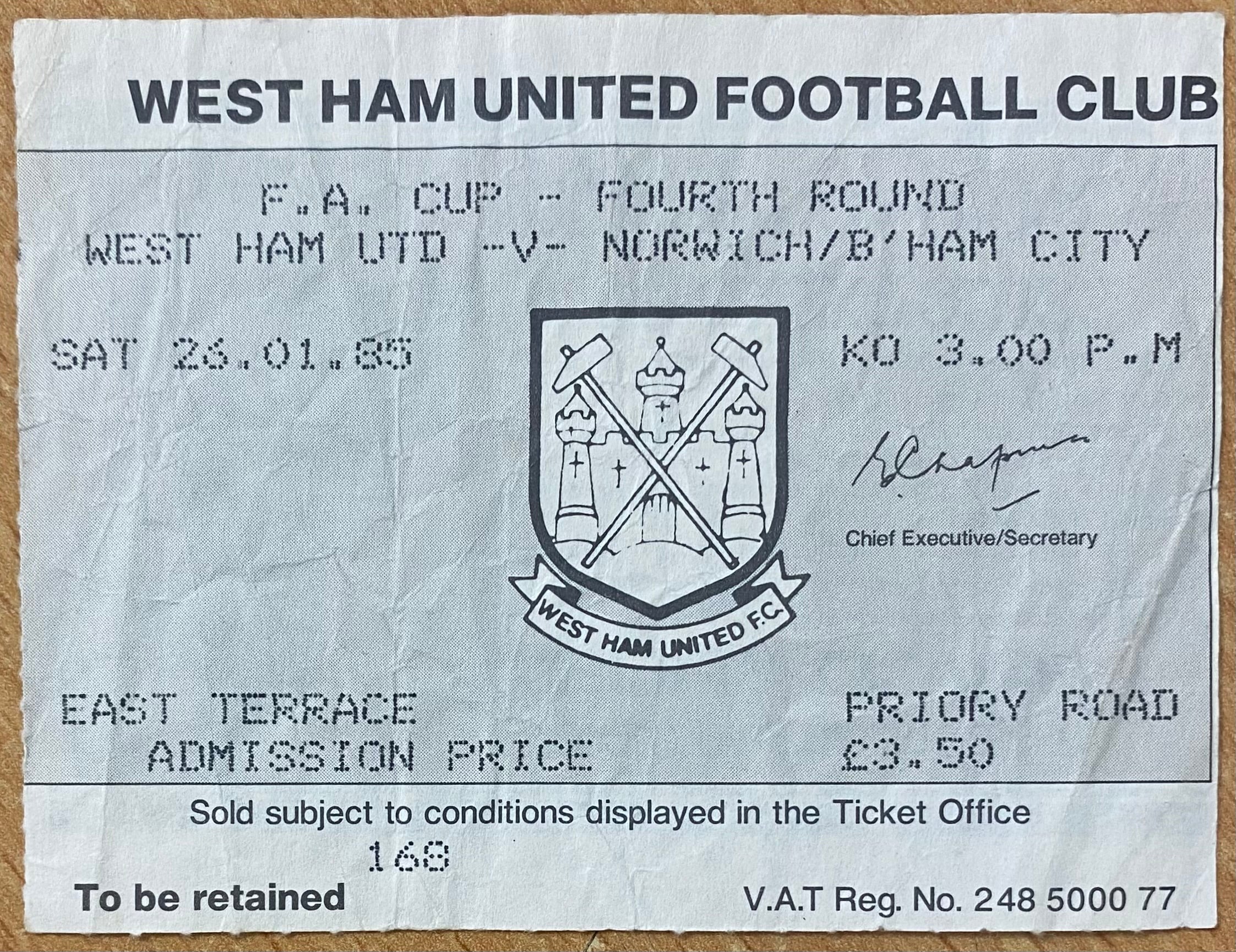 1984/85 ORIGINAL FA CUP 4TH ROUND TICKET WEST HAM UNITED V NORWICH CITY