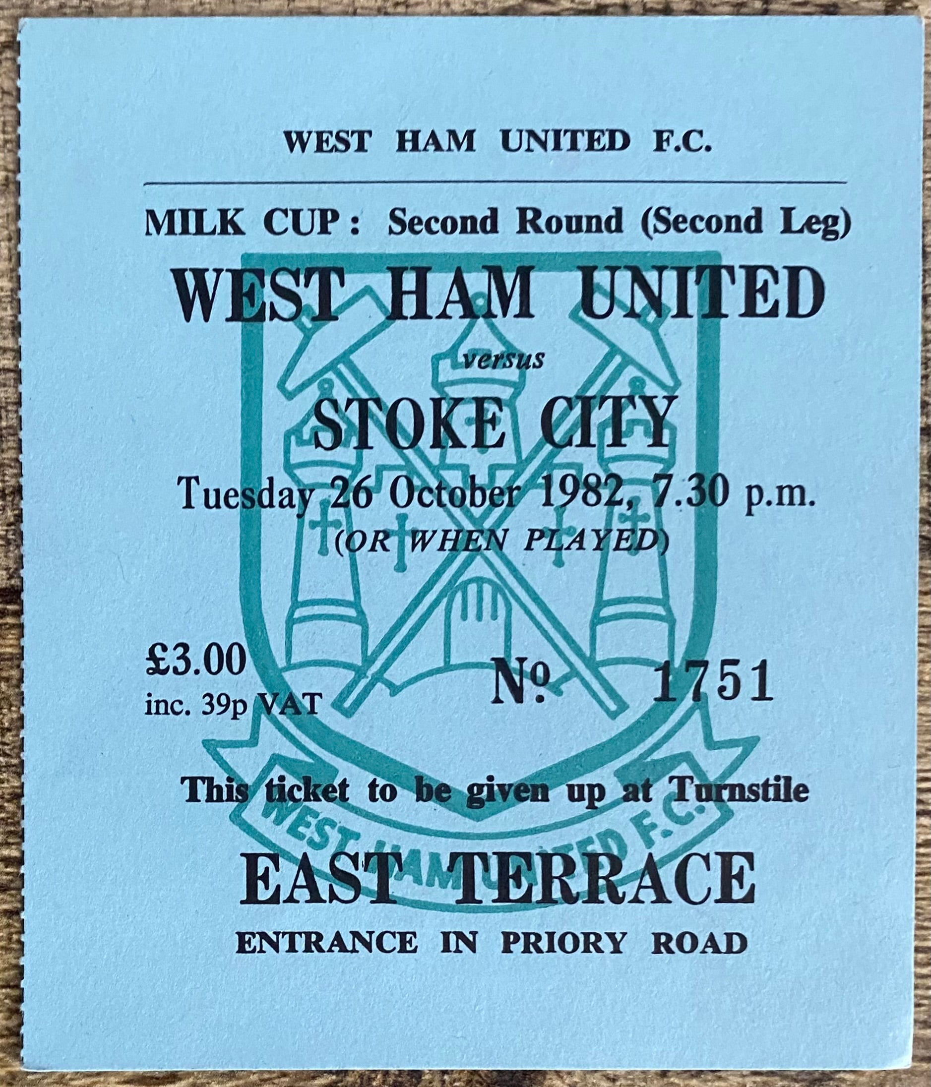 1982/83 ORIGINAL MILK CUP 2ND ROUND 2ND LEG TICKET WEST HAM UNITED V STOKE CITY