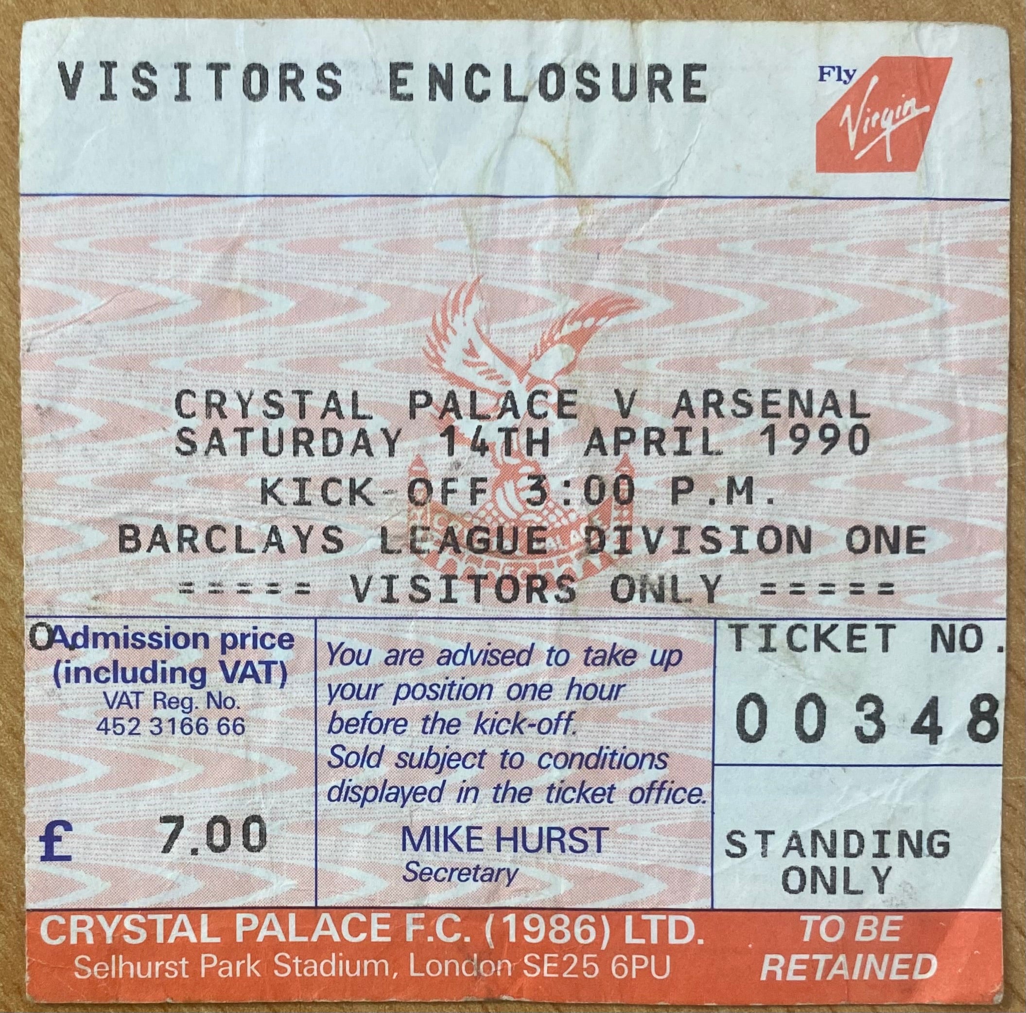 1989/90 ORIGINAL DIVISION ONE TICKET CRYSTAL PALACE V ARSENAL
