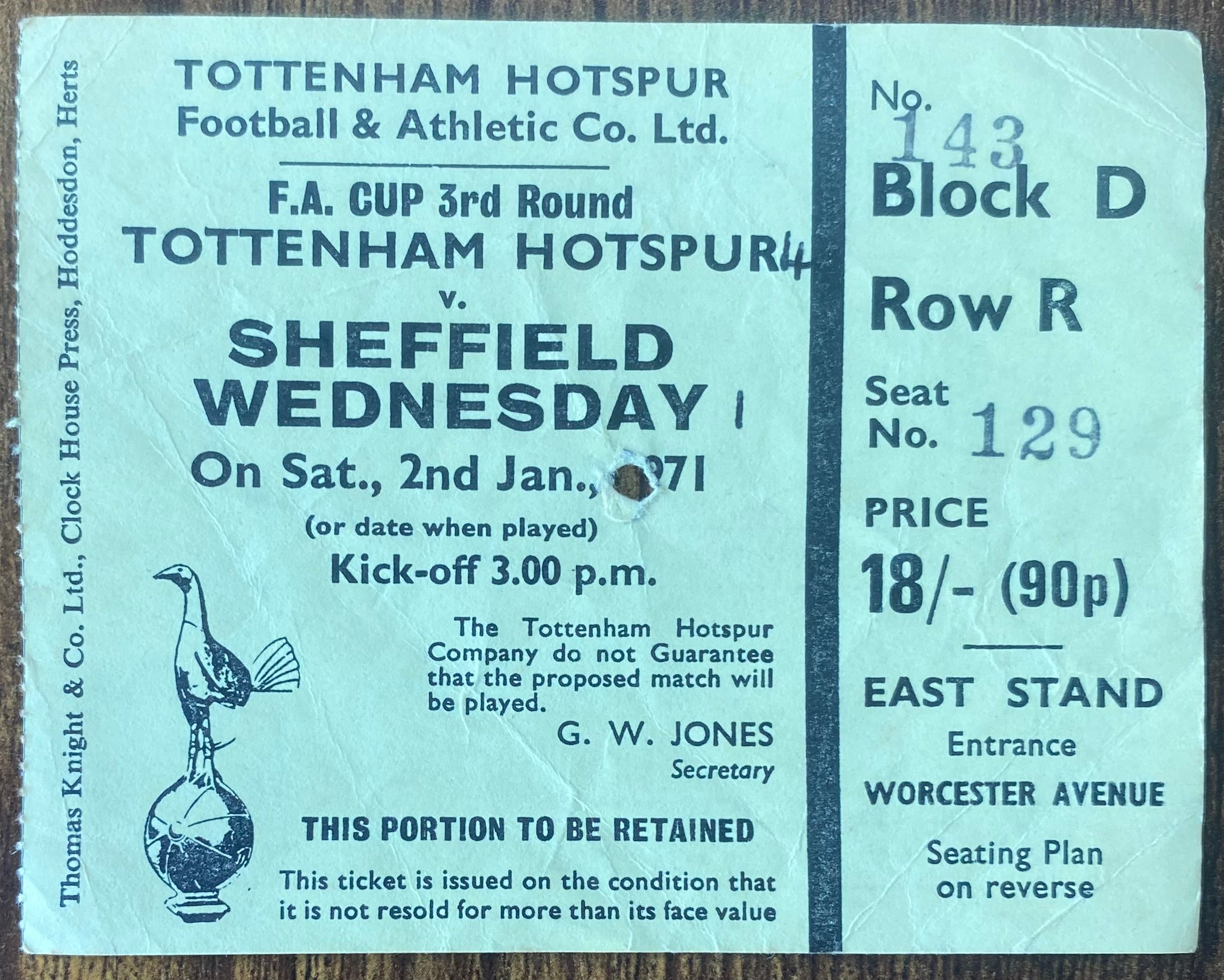 1970/71 ORIGINAL FA CUP 3RD ROUND TICKET TOTTENHAM HOTSPUR V SHEFFIELD WEDNESDAY