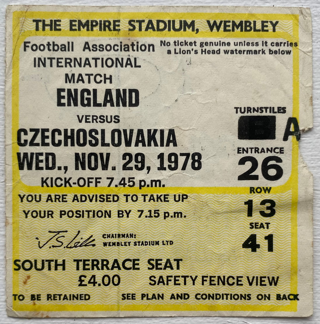 1978 ORIGINAL INTERNATIONAL TICKET ENGLAND V CZECHOSLOVAKIA