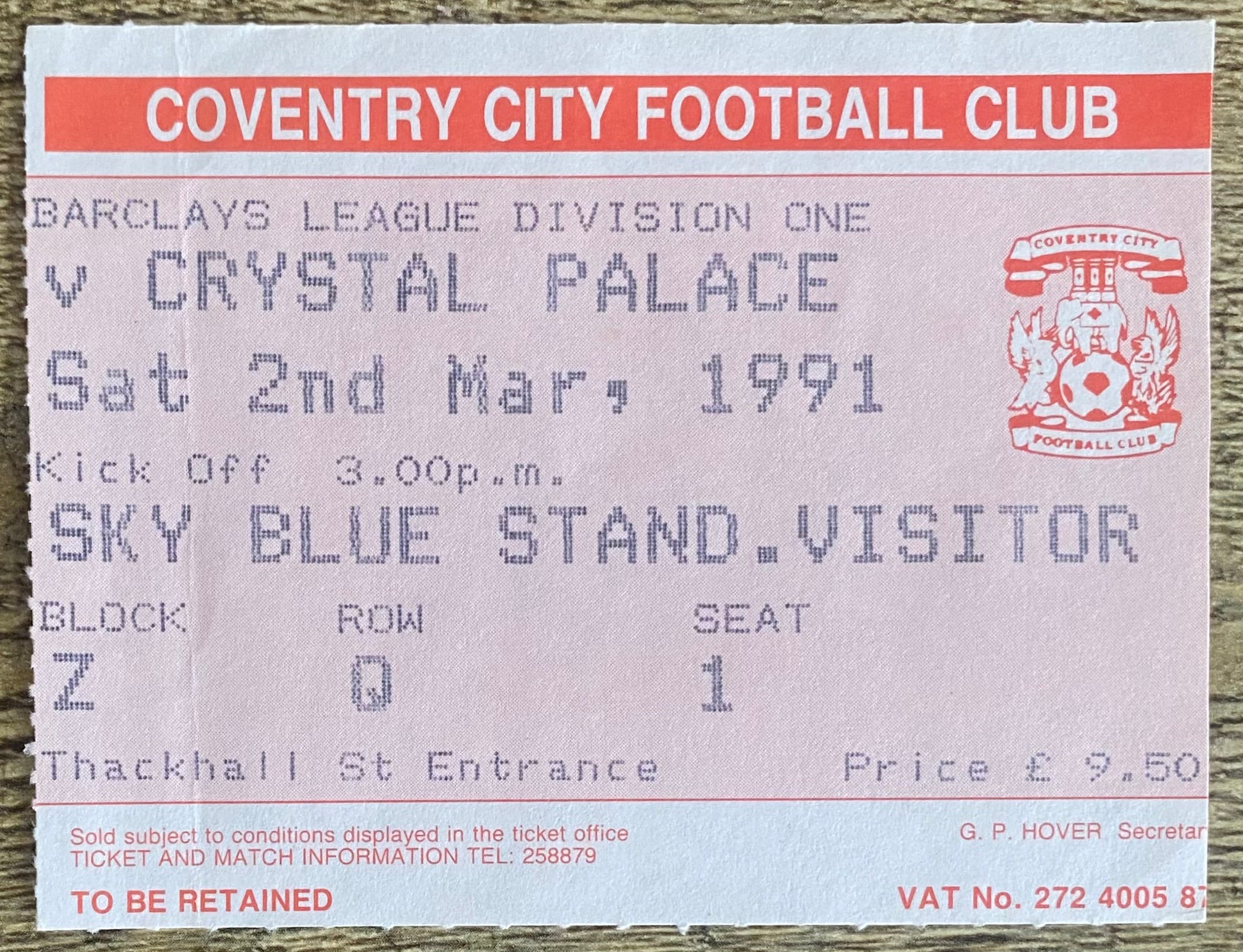 1990/91 ORIGINAL DIVISION ONE TICKET COVENTRY CITY V CRYSTAL PALACE