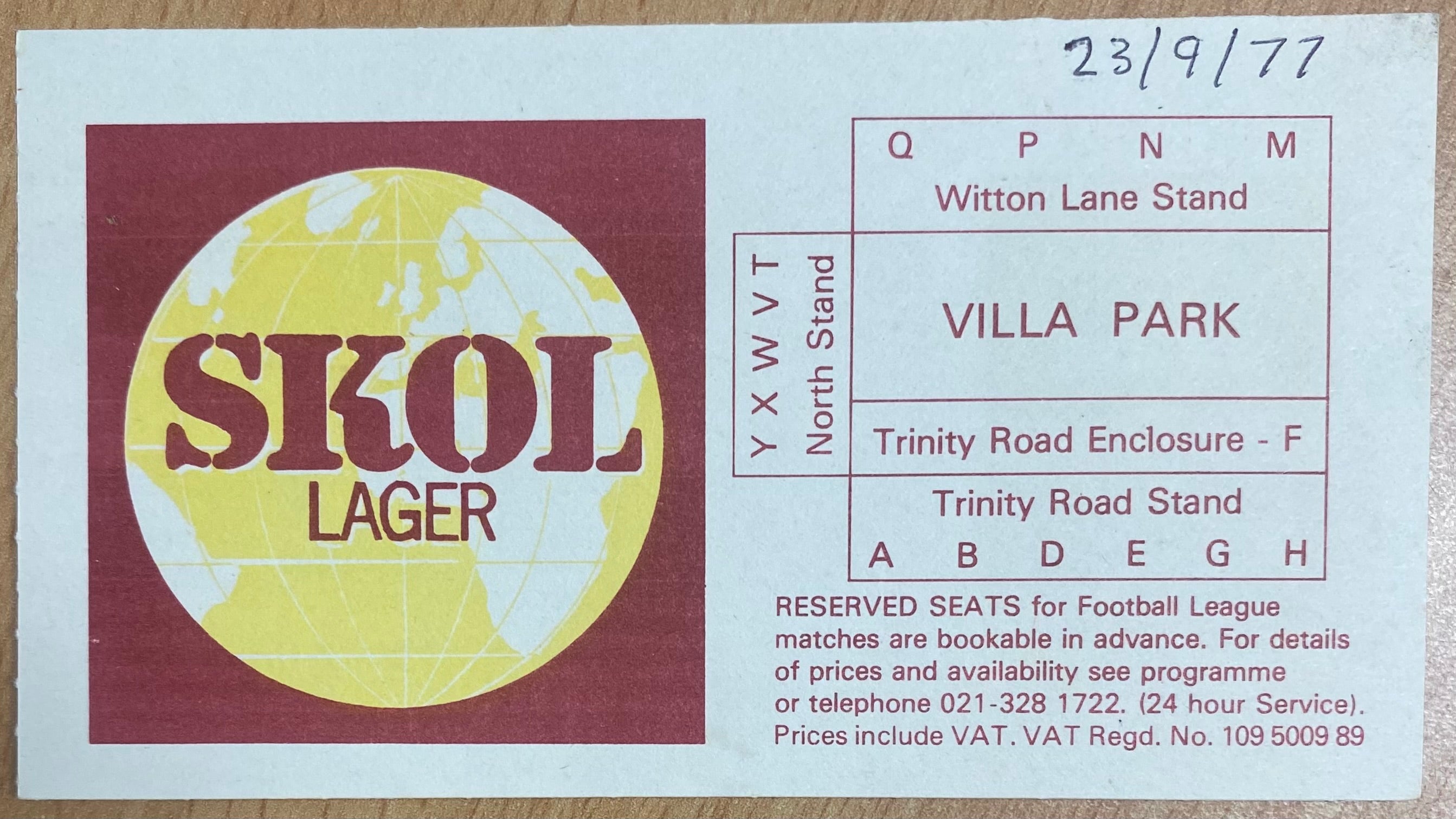 1977/78 ORIGINAL DIVISION 1 TICKET ASTON VILLA V WOLVERHAMPTON WANDERERS