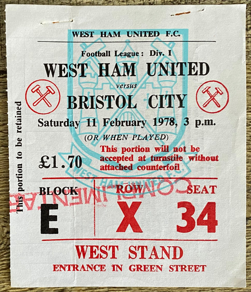 1977/78 ORIGINAL DIVISION ONE TICKET WEST HAM UNITED V BRISTOL CITY