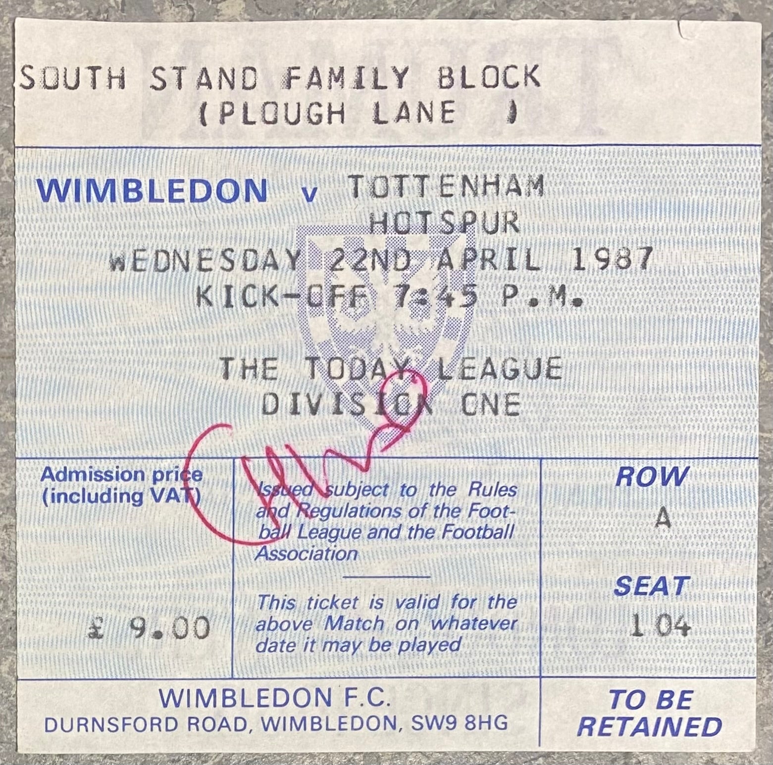 1986/87 ORIGINAL DIVISION ONE TICKET WIMBLEDON V TOTTENHAM HOTSPUR