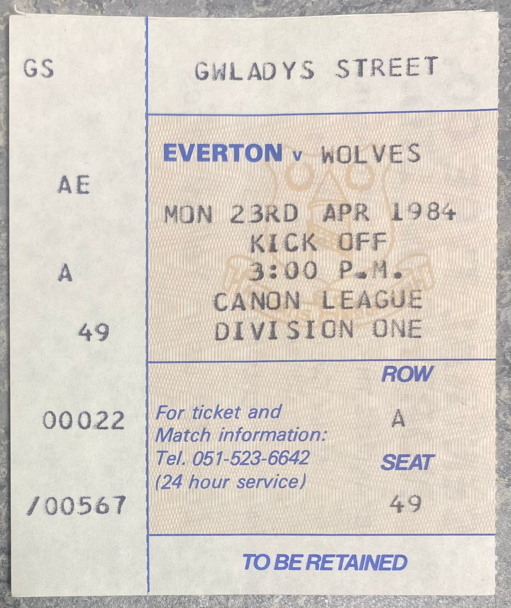 1983/84 ORIGINAL DIVISION ONE TICKET EVERTON V WOLVERHAMPTON WANDERERS