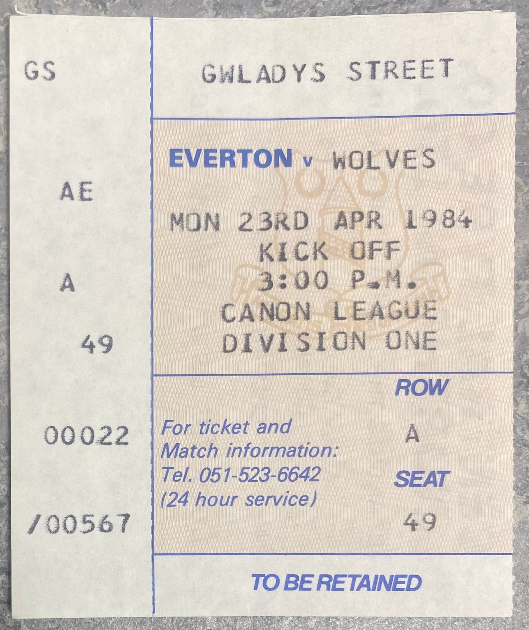 1983/84 ORIGINAL DIVISION ONE TICKET EVERTON V WOLVERHAMPTON WANDERERS