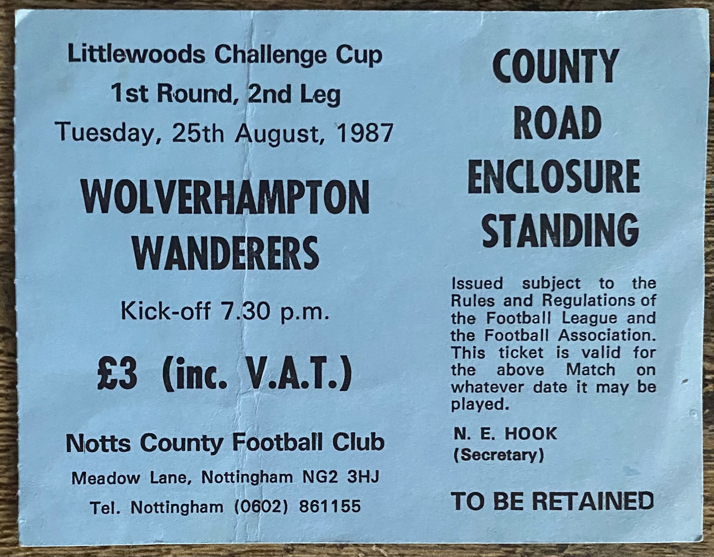 1987/88 ORIGINAL LITTLEWOODS CUP 1ST ROUND 2ND LEG TICKET NOTTS COUNTY V WOLVERHAMPTON WANDERERS