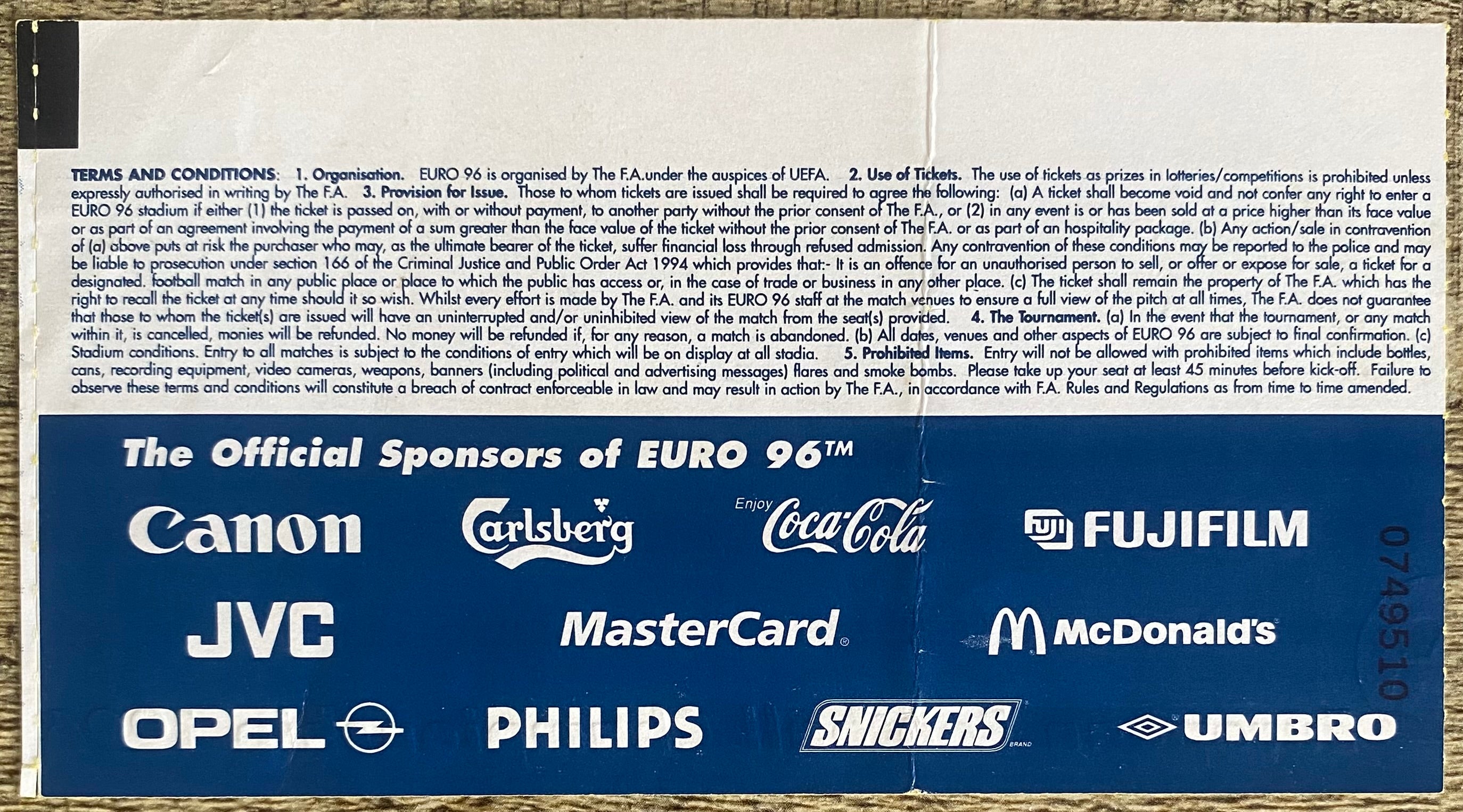 1996 ORIGINAL EUROPEAN CHAMPIONSHIPS EURO 96 OPENING MATCH TICKET ENGLAND V SWITZERLAND @ WEMBLEY