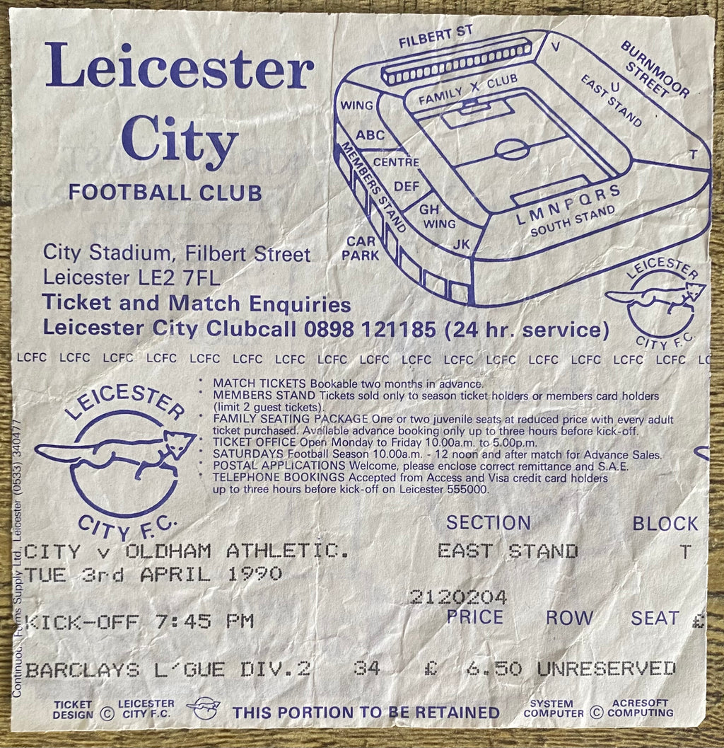 1989/90 ORIGINAL DIVISION 2 TICKET LEICESTER CITY V OLDHAM ATHLETIC