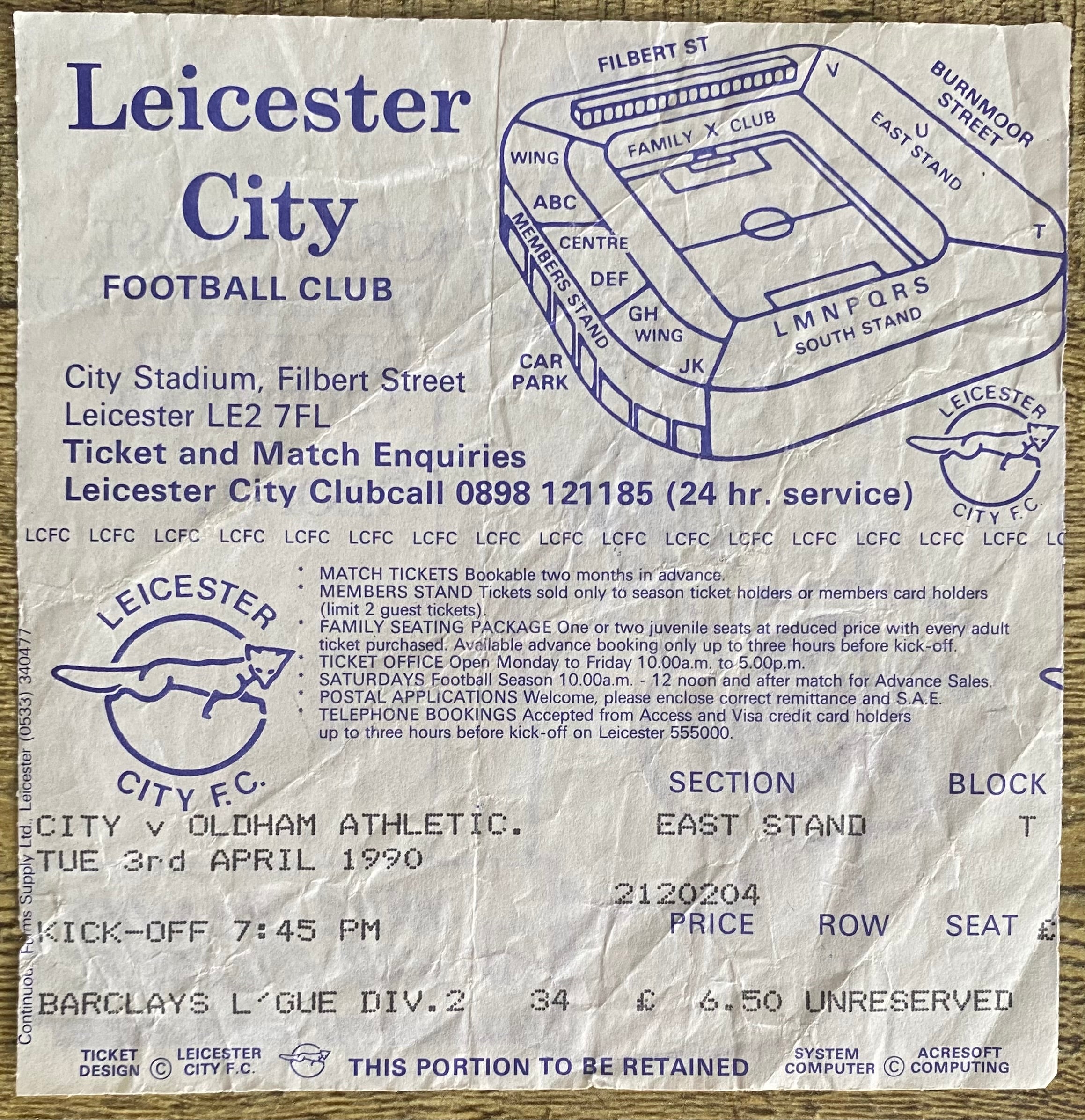 1989/90 ORIGINAL DIVISION 2 TICKET LEICESTER CITY V OLDHAM ATHLETIC