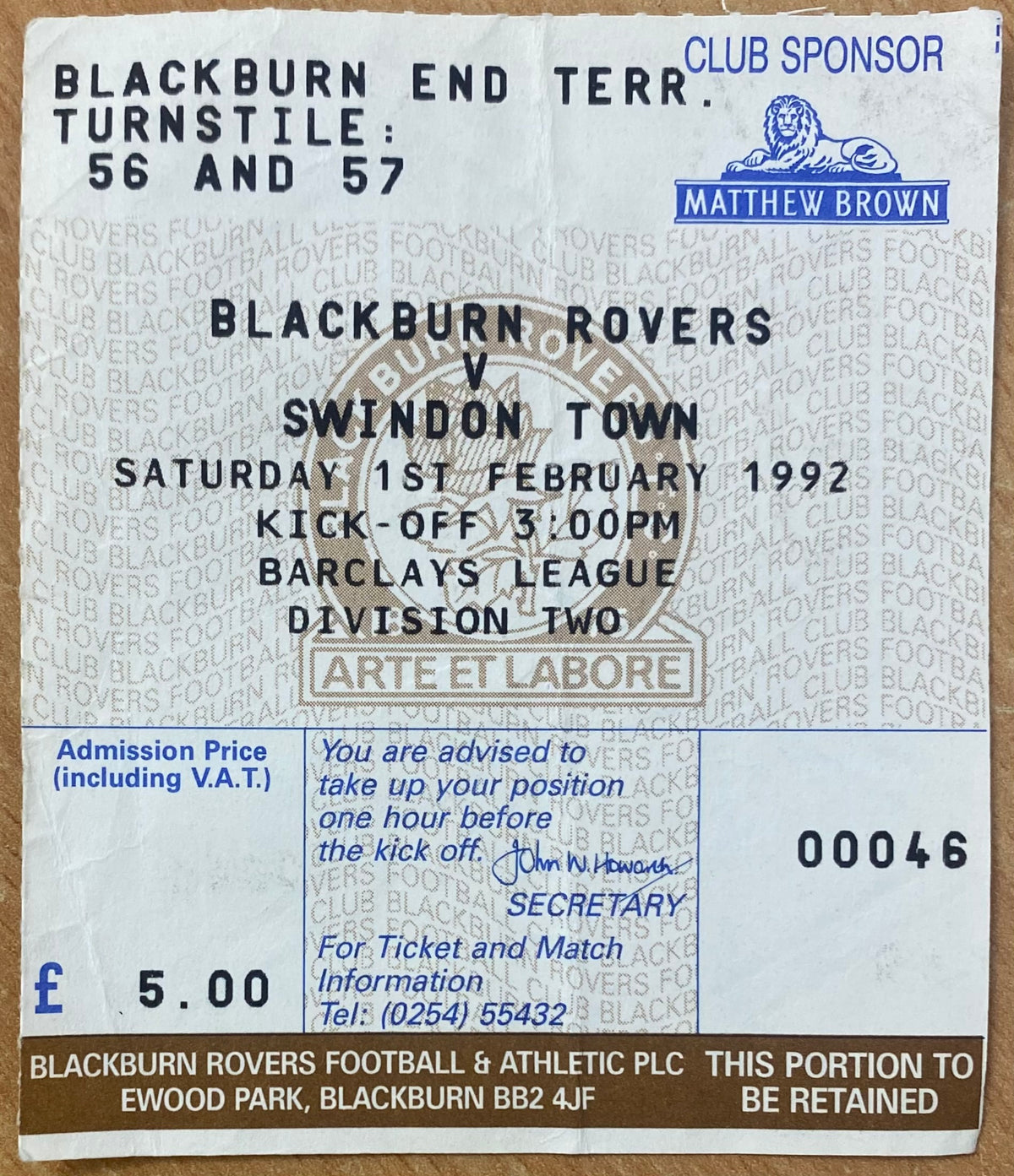 1991/92 ORIGINAL DIVISION 2 TICKET BLACKBURN ROVERS V SWINDON TOWN