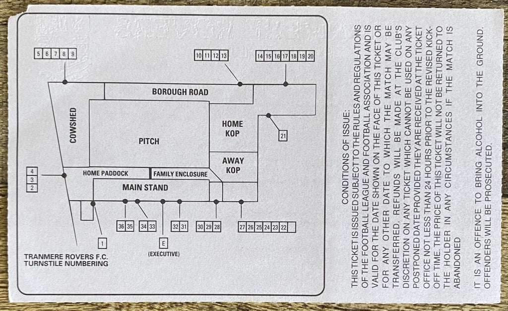 1993 ORIGINAL PRE SEASON FRIENDLY TICKET TRANMERE ROVERS V LIVERPOOL