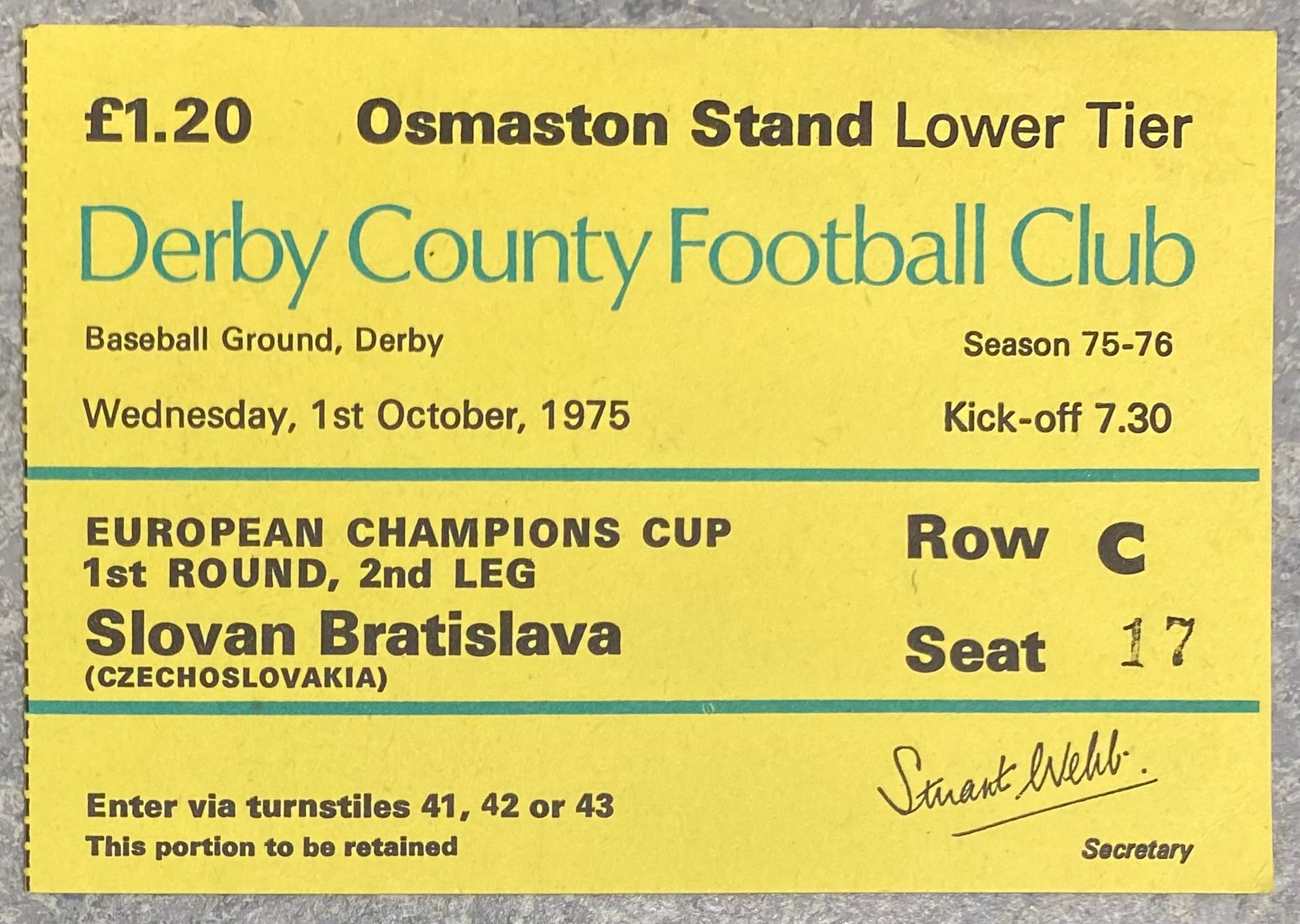 1975/76 ORIGINAL EUROPEAN CUP 1ST ROUND 2ND LEG TICKET DERBY COUNTY V SLOVAN BRATISLAVA