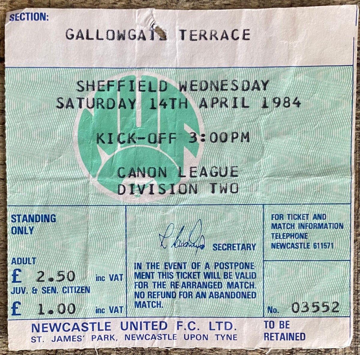 1983/84 ORIGINAL DIVISION 2 TICKET NEWCASTLE UNITED V SHEFFIELD WEDNESDAY