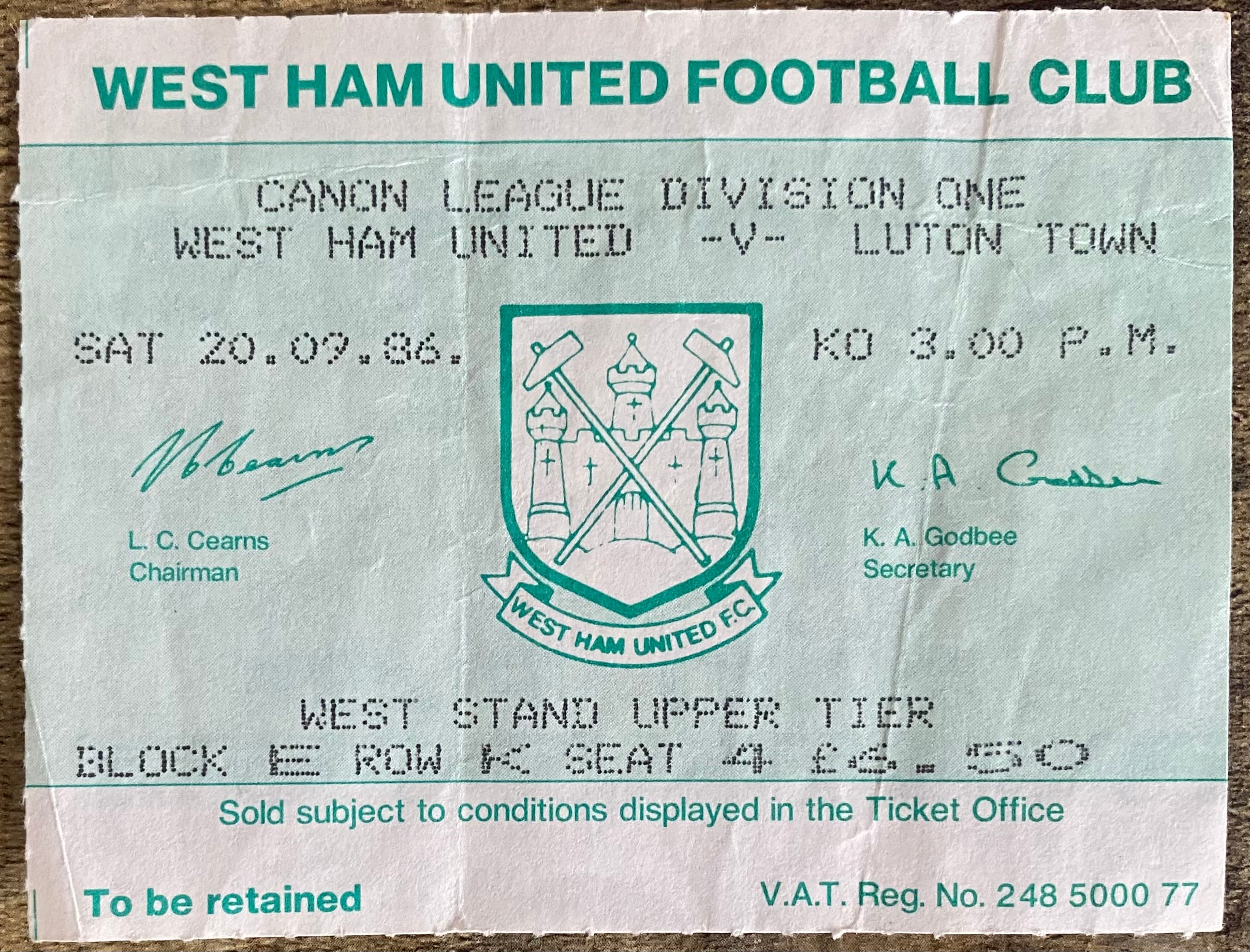 1986/87 ORIGINAL DIVISION ONE TICKET WEST HAM UNITED V LUTON TOWN
