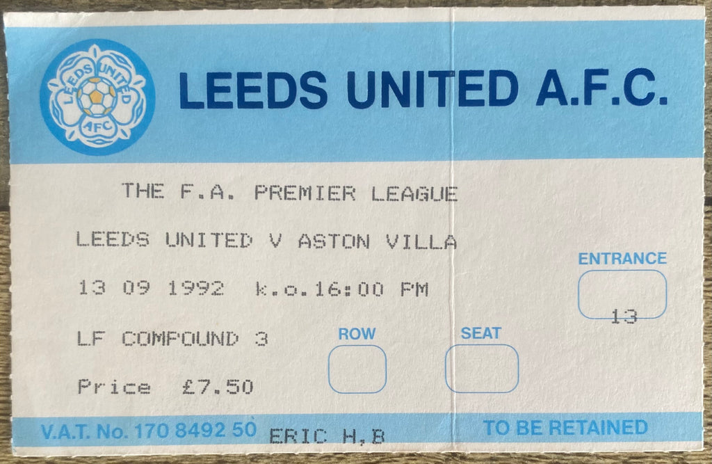 1992/93 ORIGINAL PREMIER LEAGUE TICKET LEEDS UNITED V ASTON VILLA