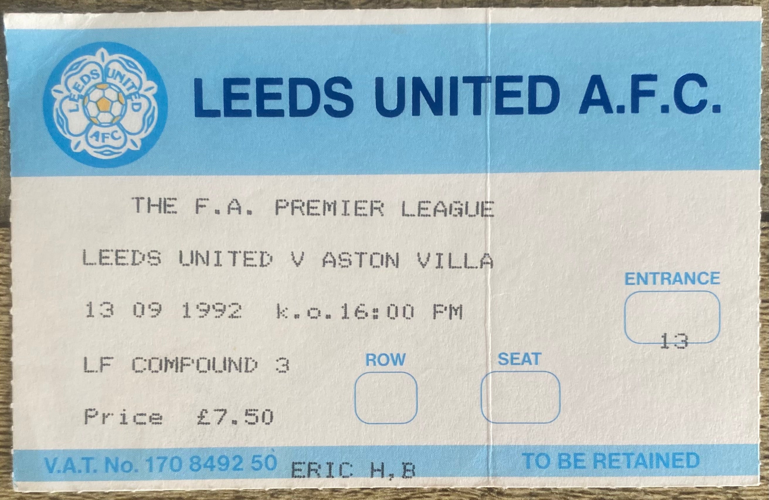 1992/93 ORIGINAL PREMIER LEAGUE TICKET LEEDS UNITED V ASTON VILLA