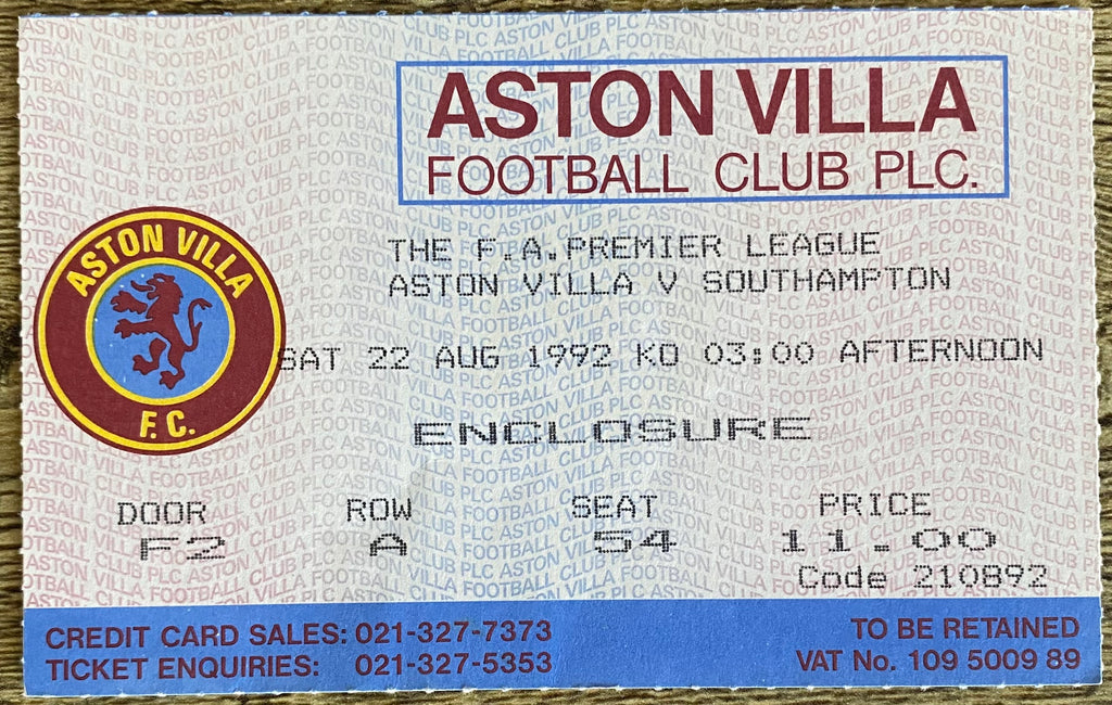 1992/93 ORIGINAL PREMIER LEAGUE TICKET ASTON VILLA V SOUTHAMPTON