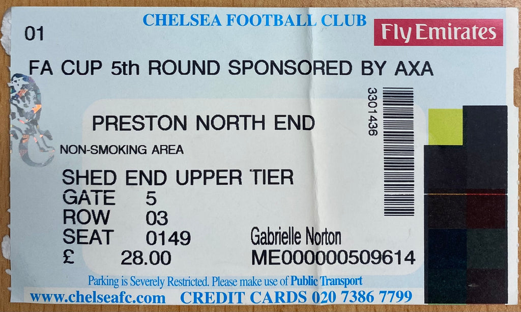 2001/02 ORIGINAL FA CUP 5TH ROUND TICKET CHELSEA V PRESTON NORTH END