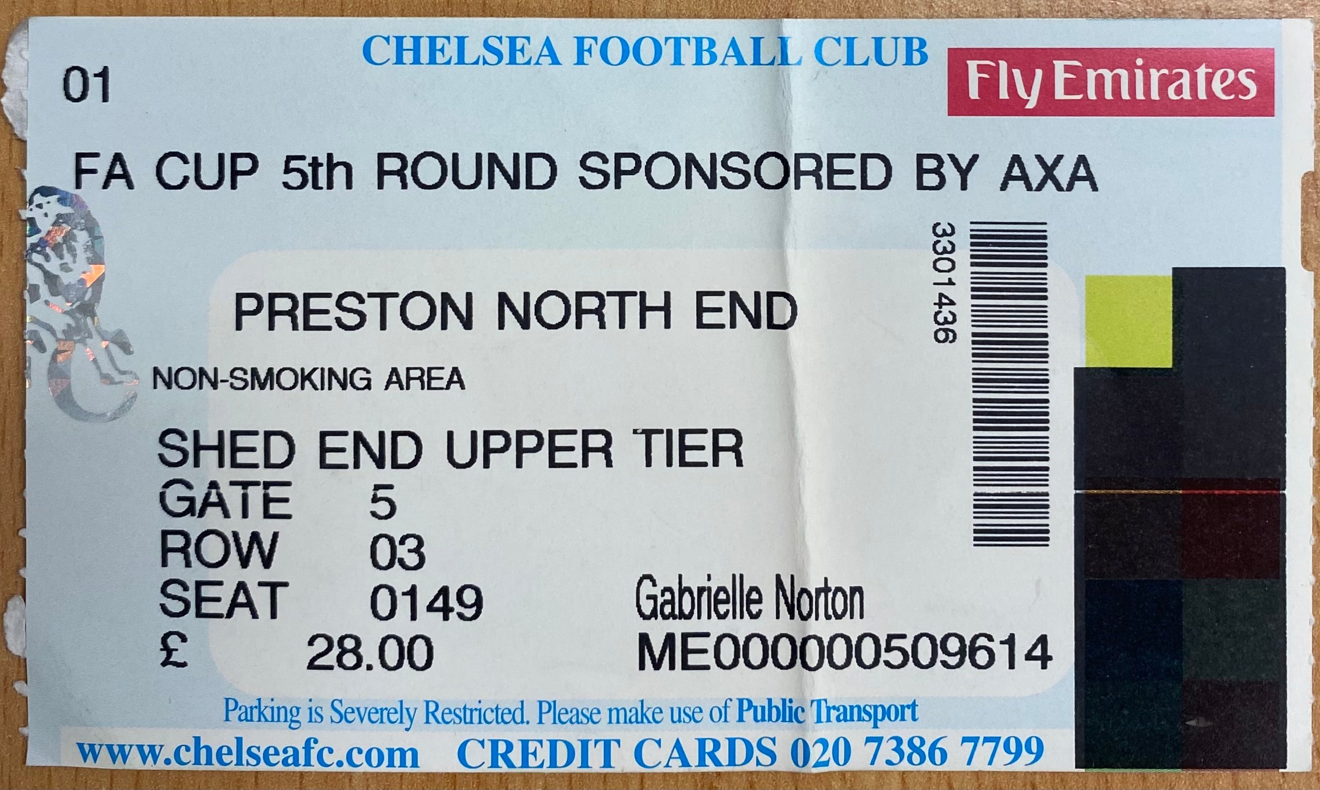 2001/02 ORIGINAL FA CUP 5TH ROUND TICKET CHELSEA V PRESTON NORTH END