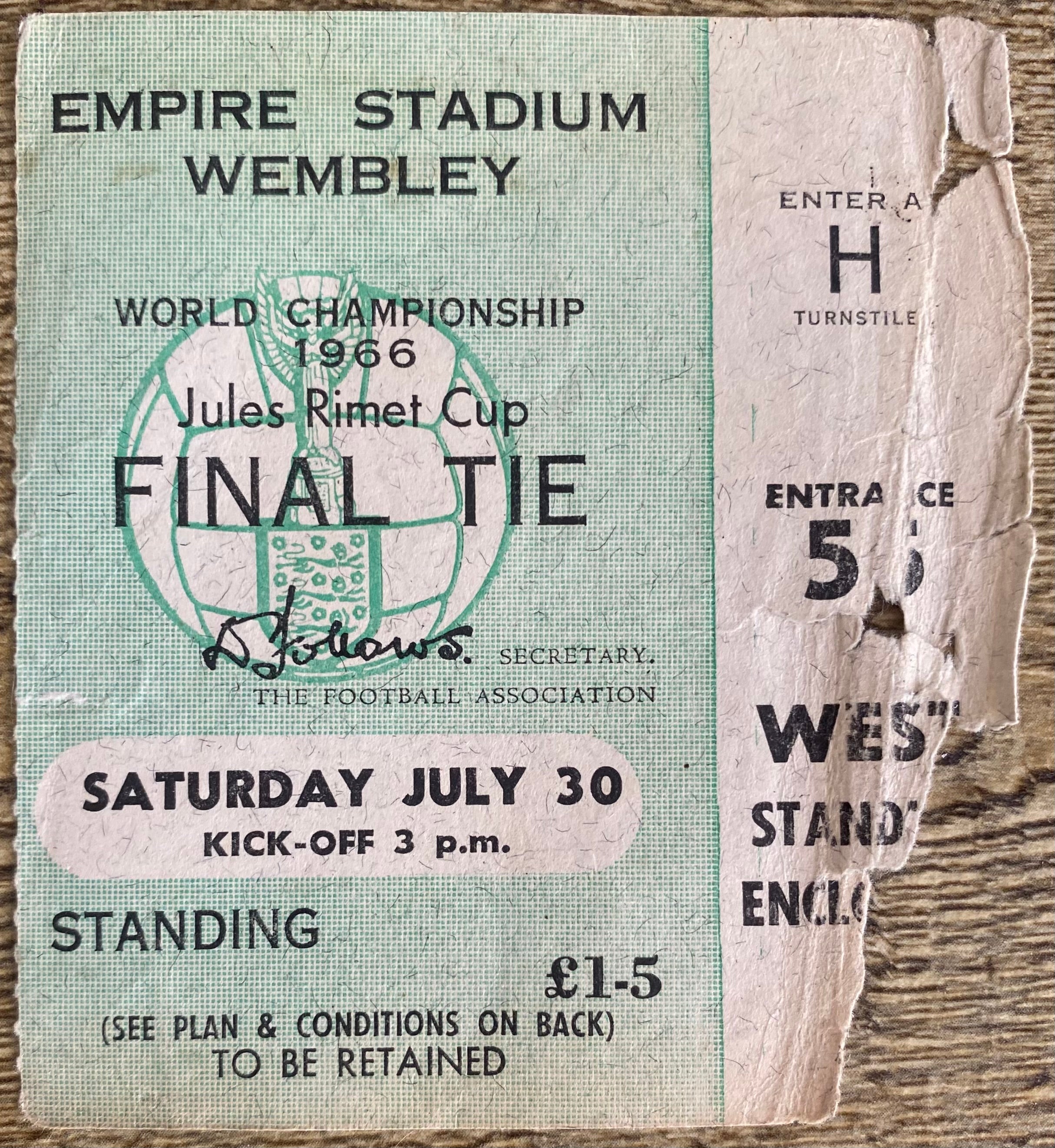 1966 ORIGINAL WORLD CUP FINAL TICKET ENGLAND V WEST GERMANY @ WEMBLEY
