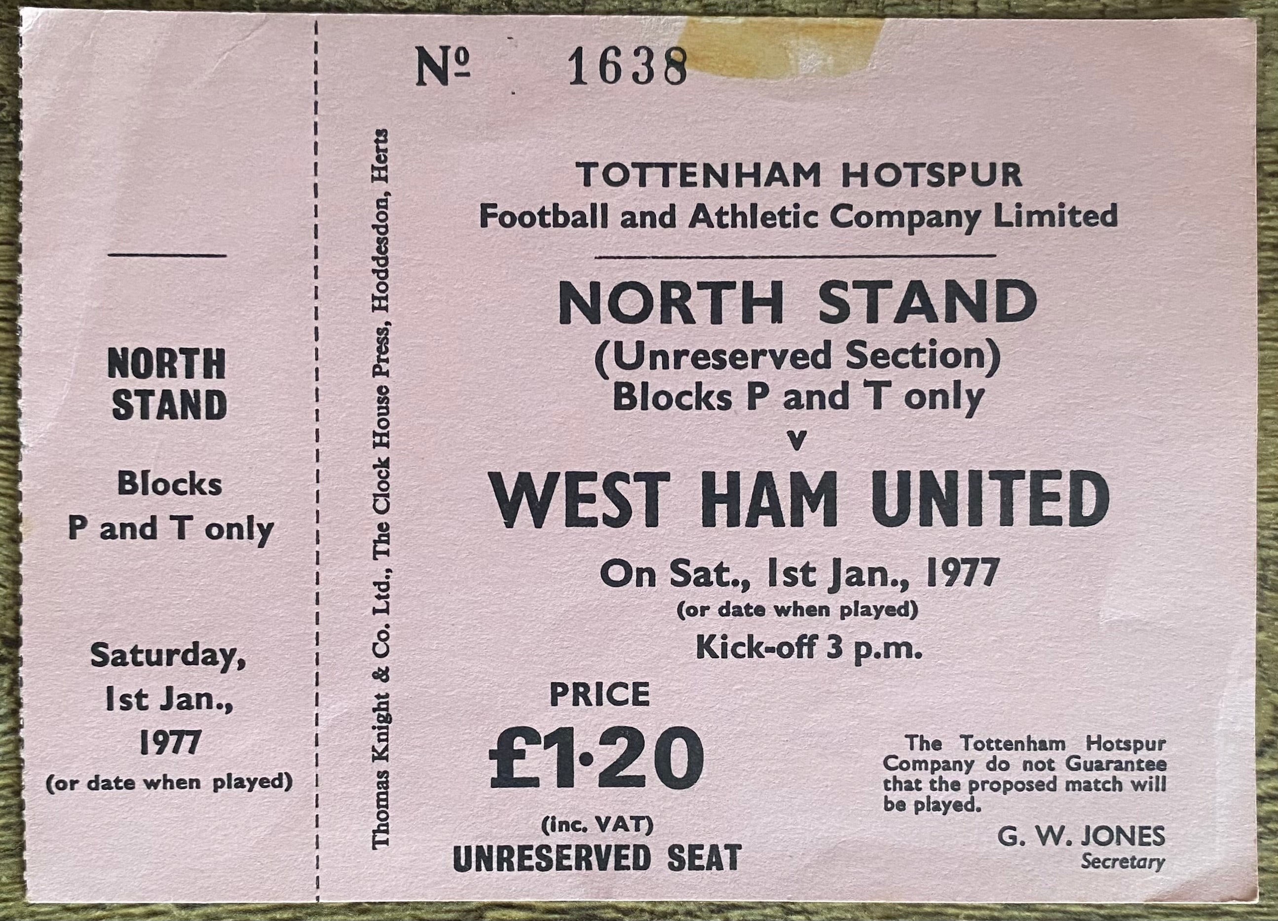 1976/77 ORIGINAL DIVISION ONE UNUSED TICKET TOTTENHAM HOTSPUR V WEST HAM UNITED