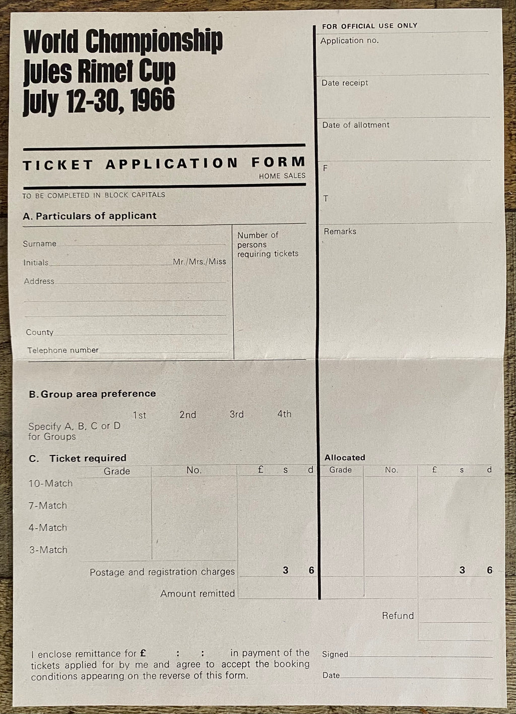 1966 WORLD CUP ORIGINAL OFFICIAL TICKET APPLICATION FORM