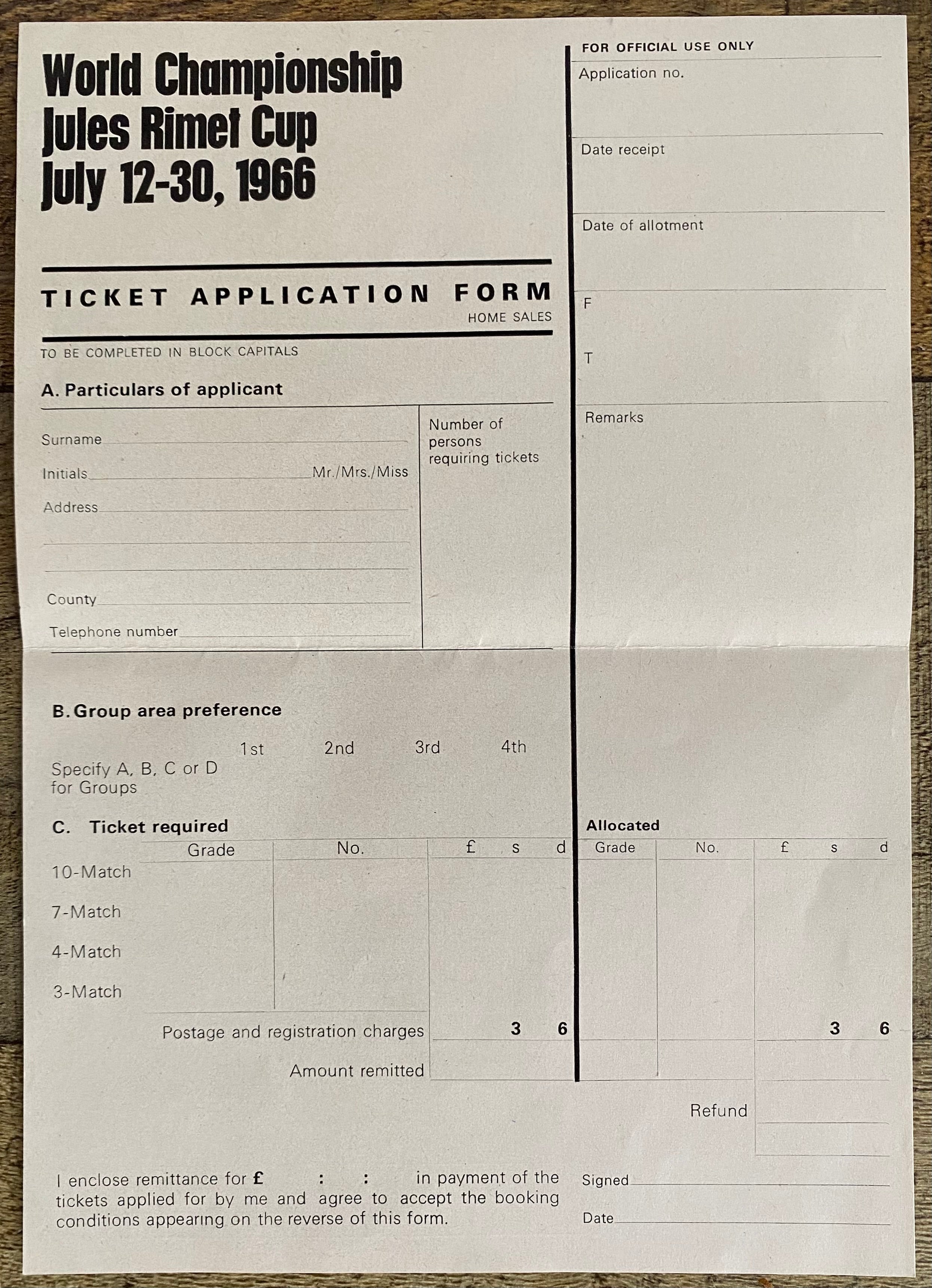 1966 WORLD CUP ORIGINAL OFFICIAL TICKET APPLICATION FORM