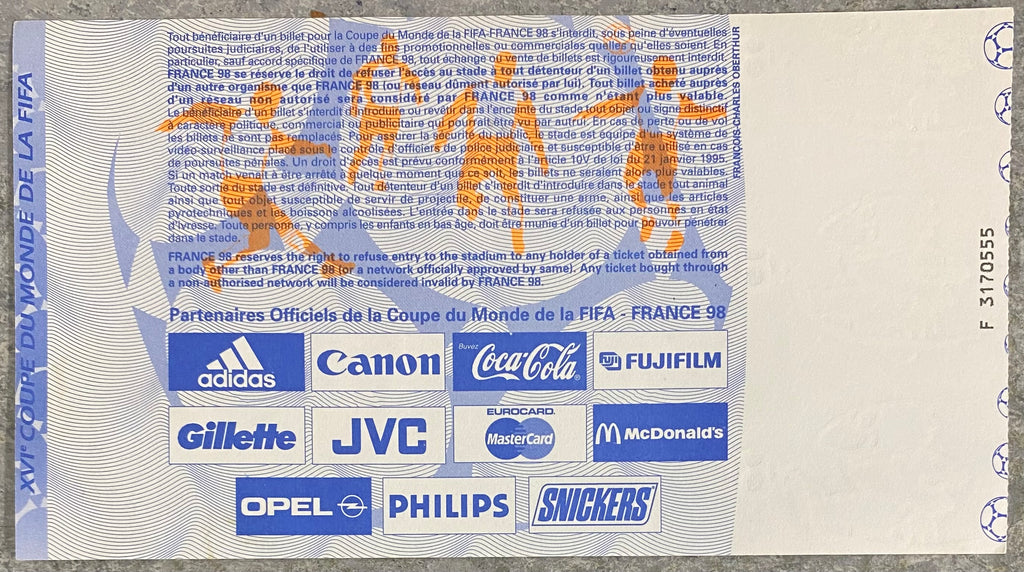 1998 ORIGINAL WORLD CUP 1ST ROUND TICKET ENGLAND V COLOMBIA @ LENS