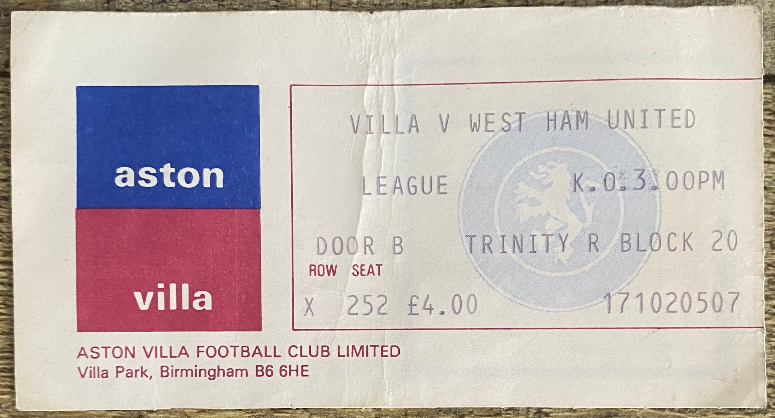 1981/82 ORIGINAL DIVISION 1 TICKET ASTON VILLA V WEST HAM UNITED