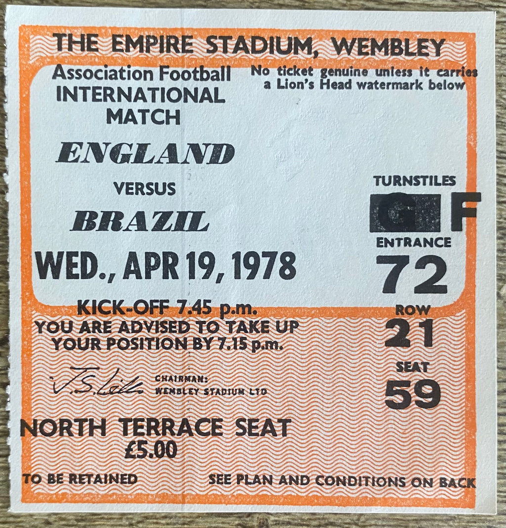 1978 ORIGINAL INTERNATIONAL TICKET ENGLAND V BRAZIL