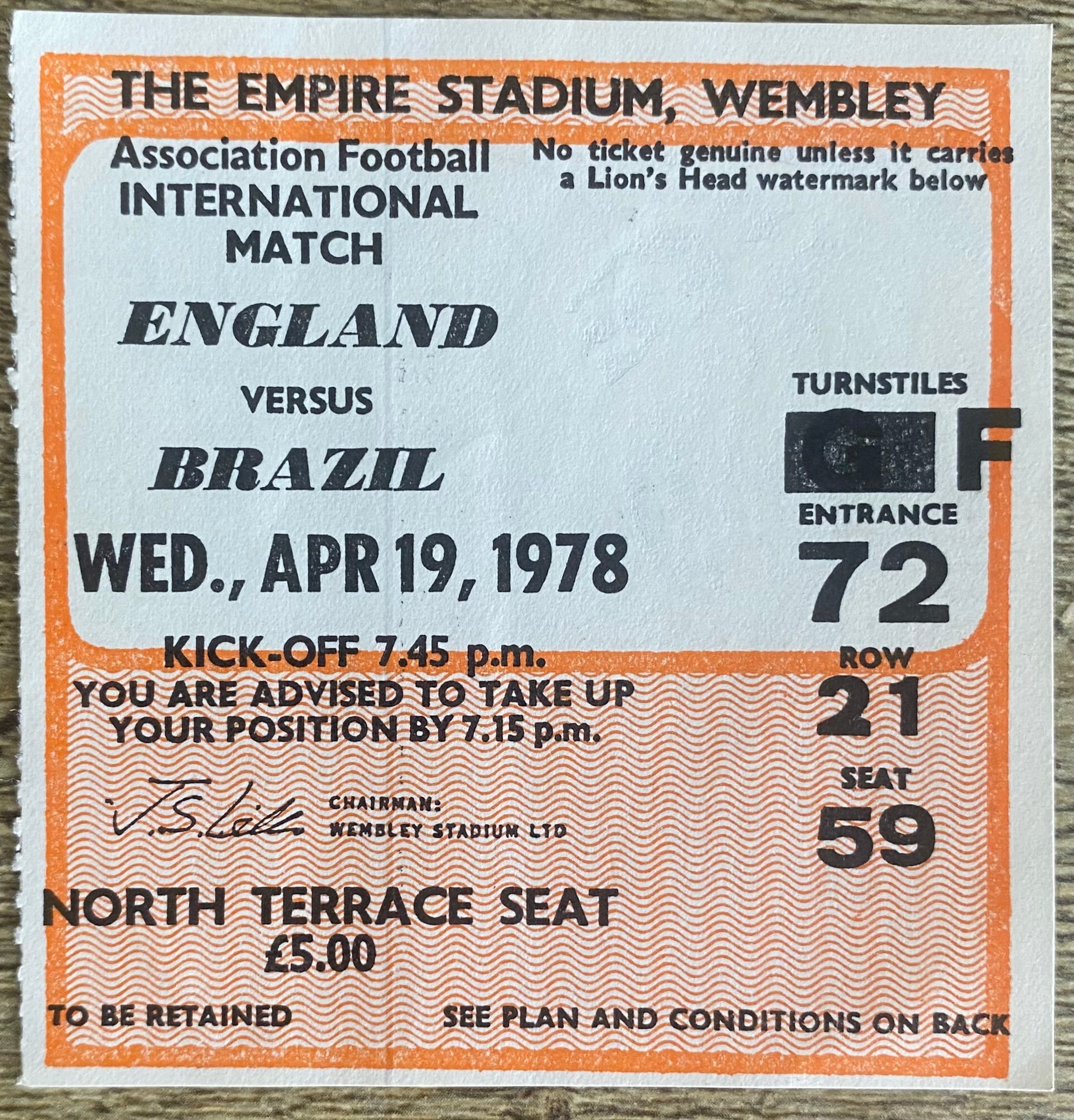 1978 ORIGINAL INTERNATIONAL TICKET ENGLAND V BRAZIL