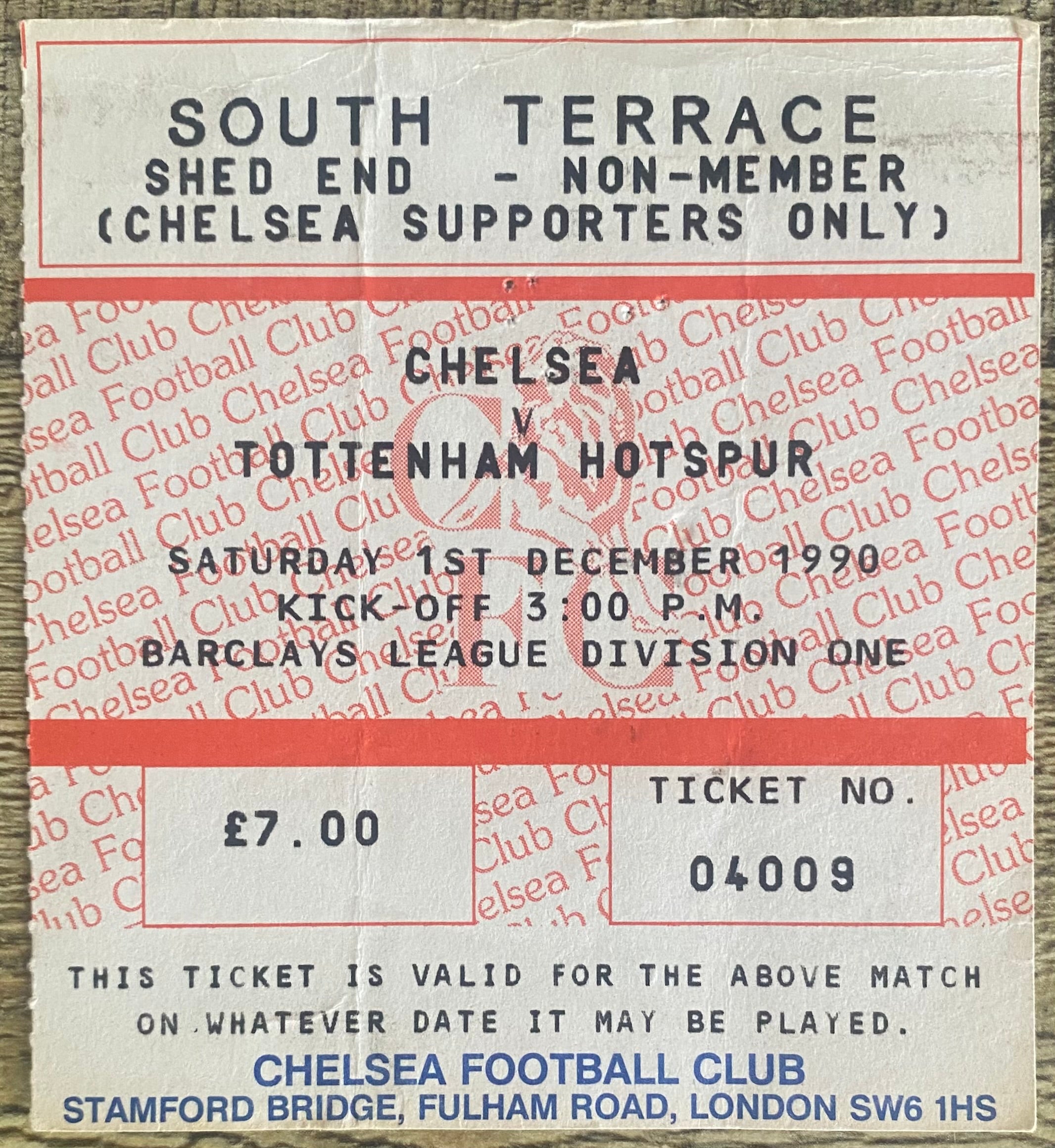 1990/91 ORIGINAL DIVISION 1 TICKET CHELSEA V TOTTENHAM HOTSPUR