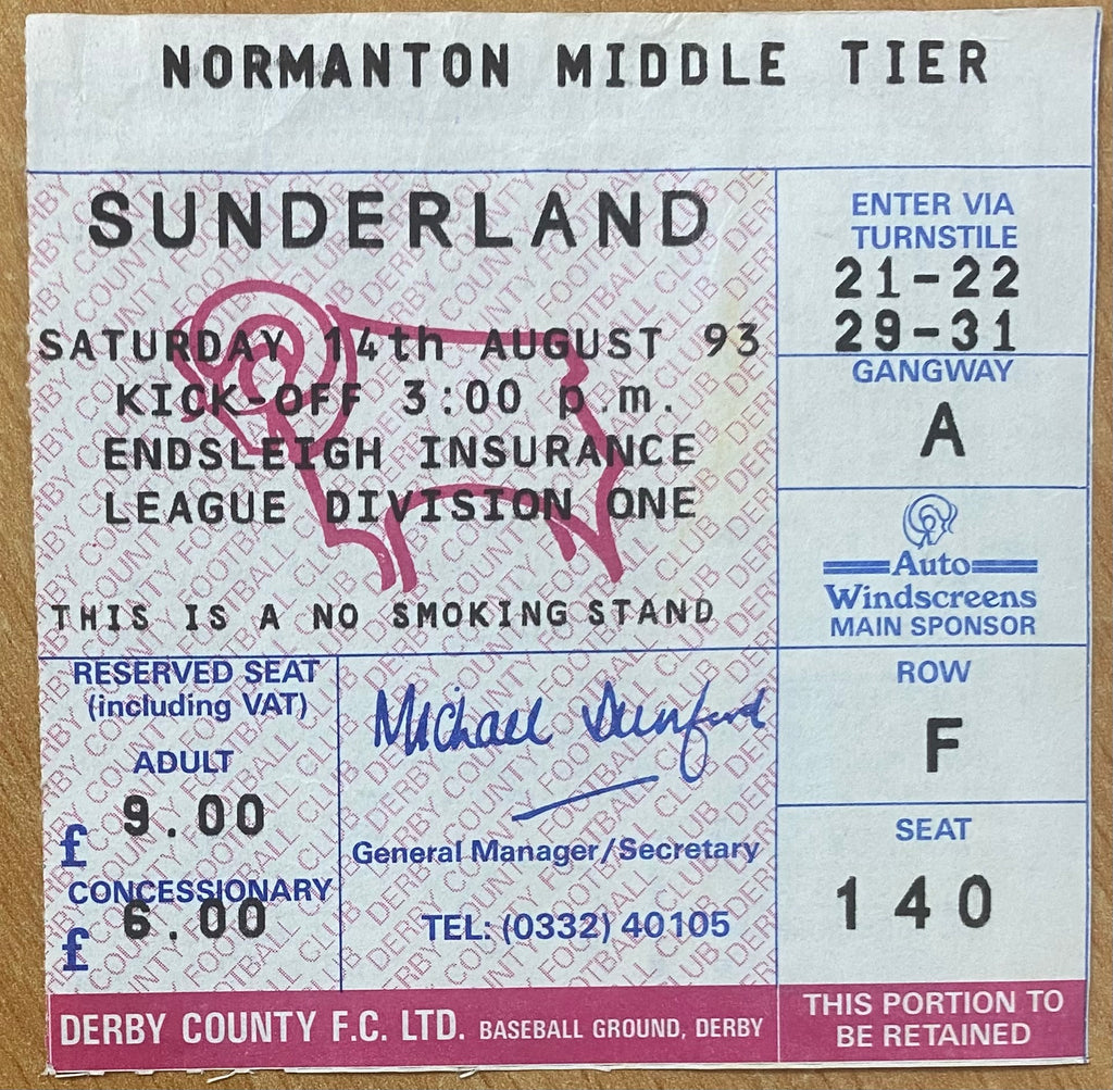 1993/94 ORIGINAL DIVISION 1 TICKET DERBY COUNTY V SUNDERLAND