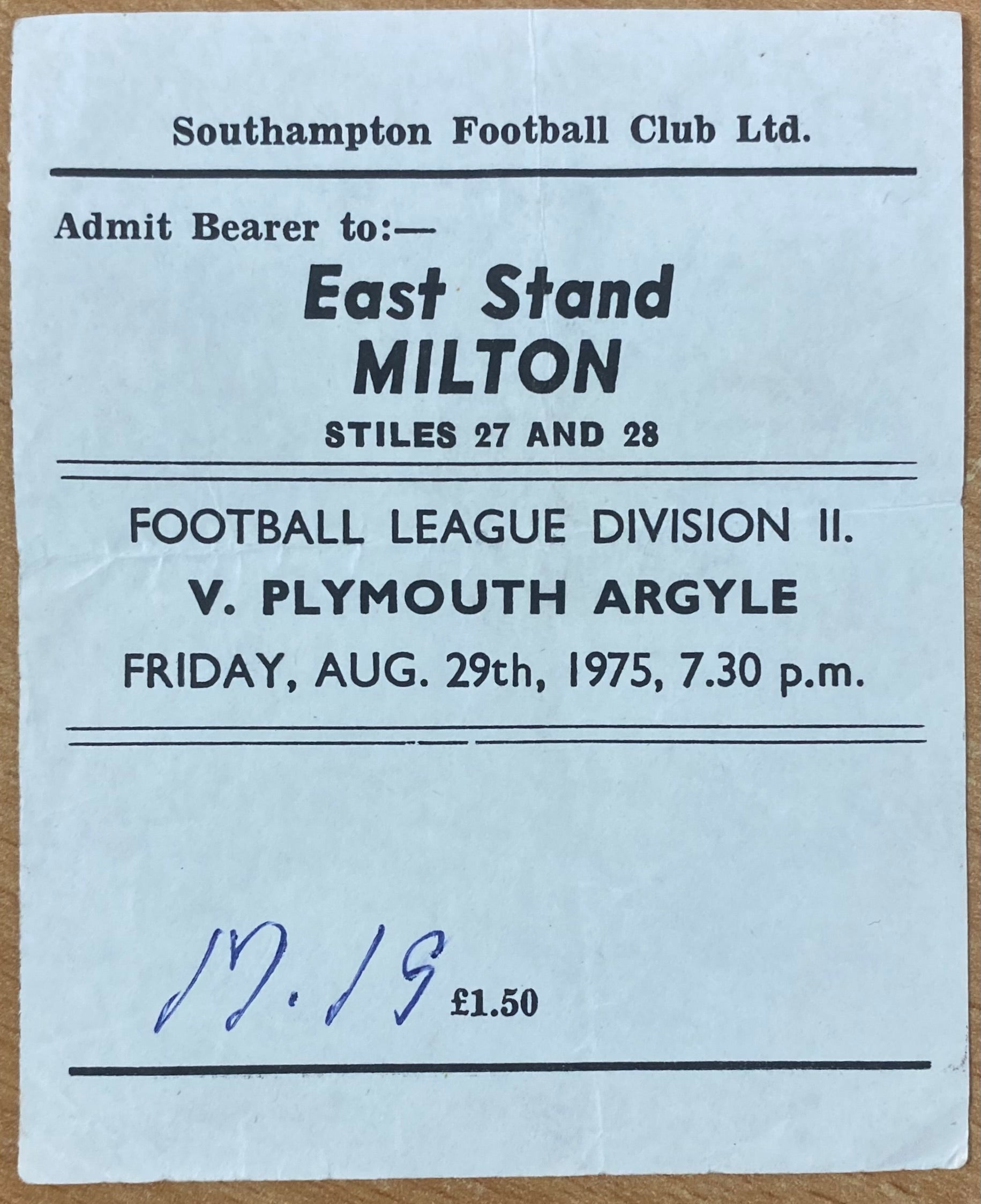 1975/76 ORIGINAL DIVISION 2 TICKET SOUTHAMPTON V PLYMOUTH ARGYLE