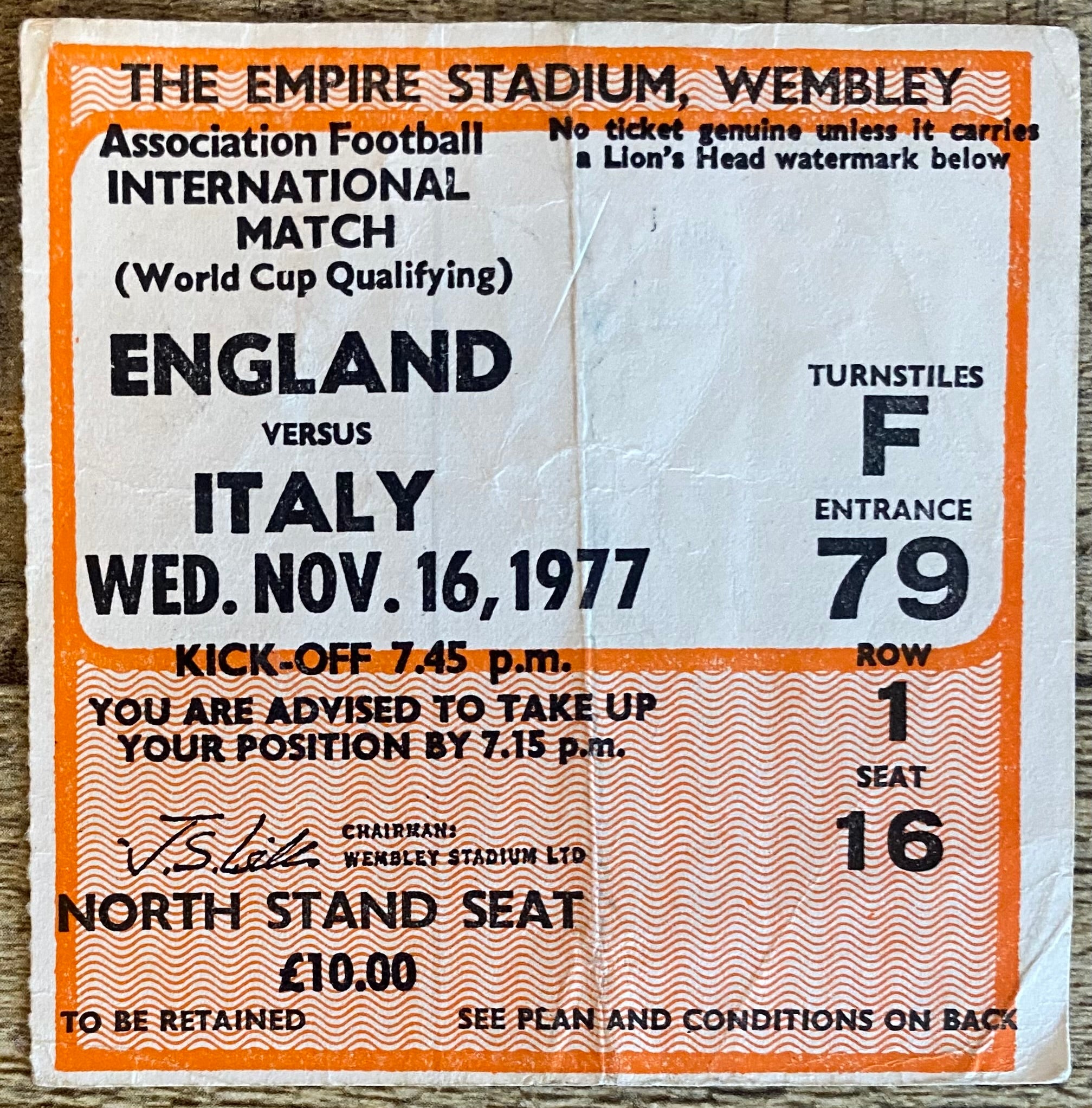 1977 ORIGINAL WORLD CUP QUALIFYING TICKET ENGLAND V ITALY