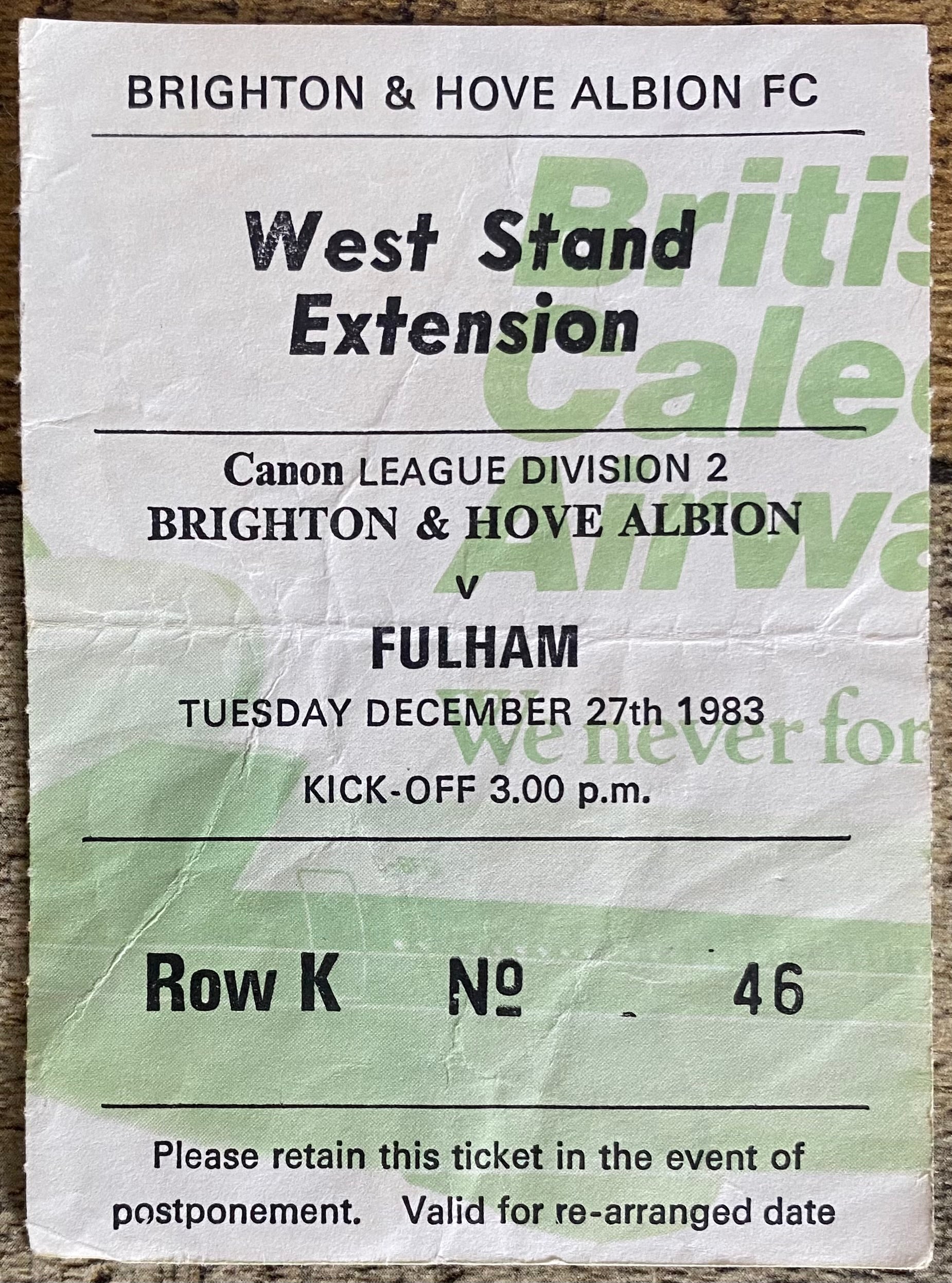 1983/84 ORIGINAL DIVISION 2 TICKET BRIGHTON AND HOVE ALBION V FULHAM